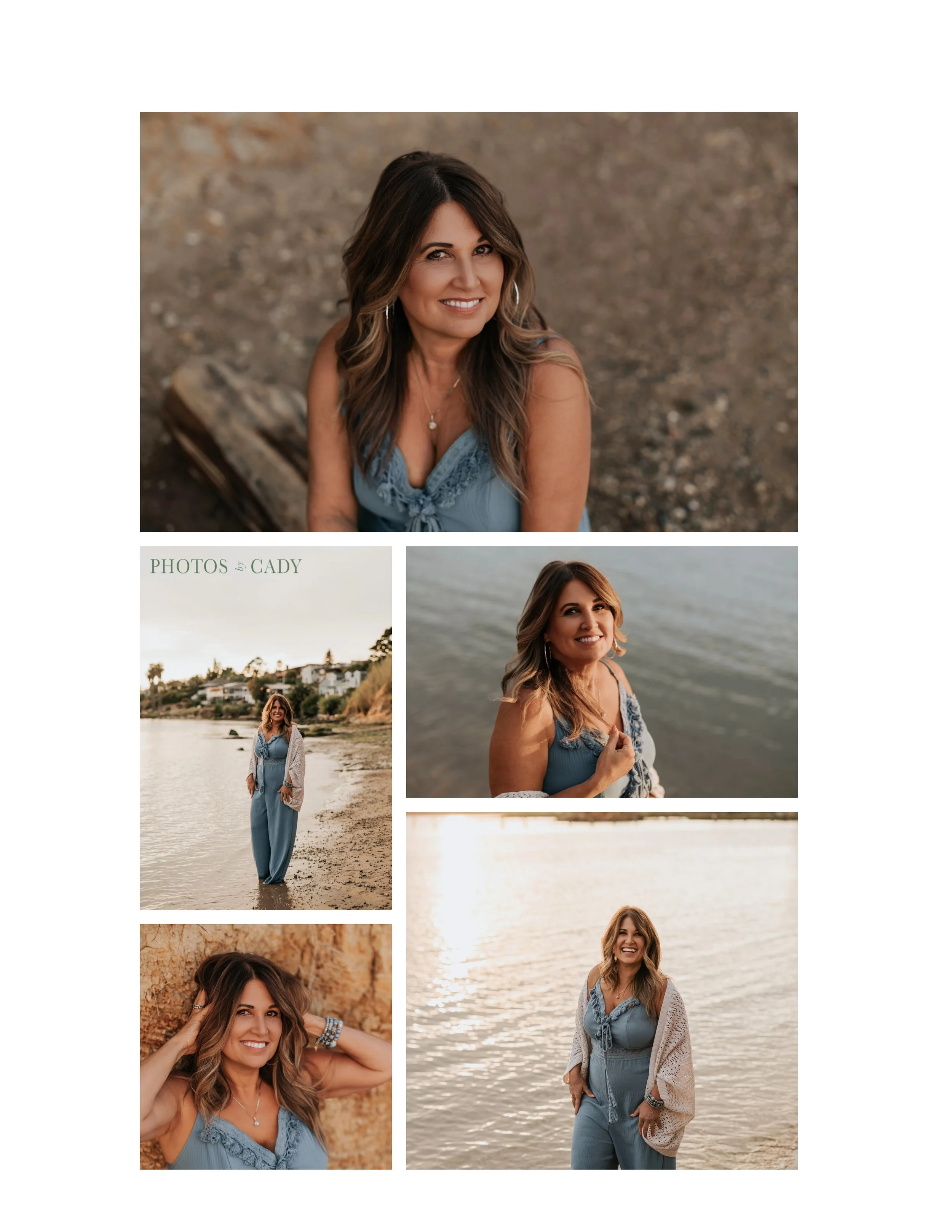 Young woman posing by the water and in open fields.