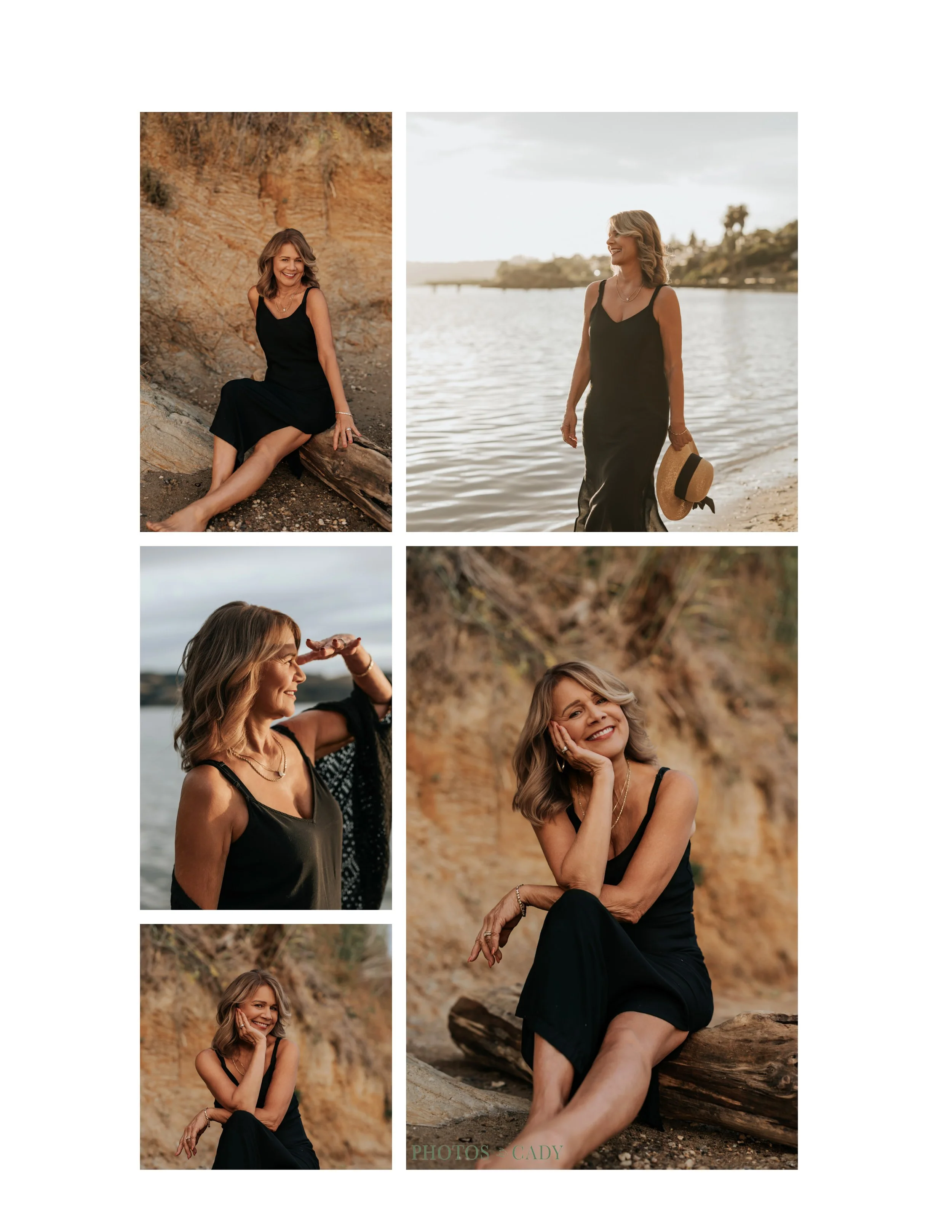 Young woman posing in a black dress near water and stone walls.