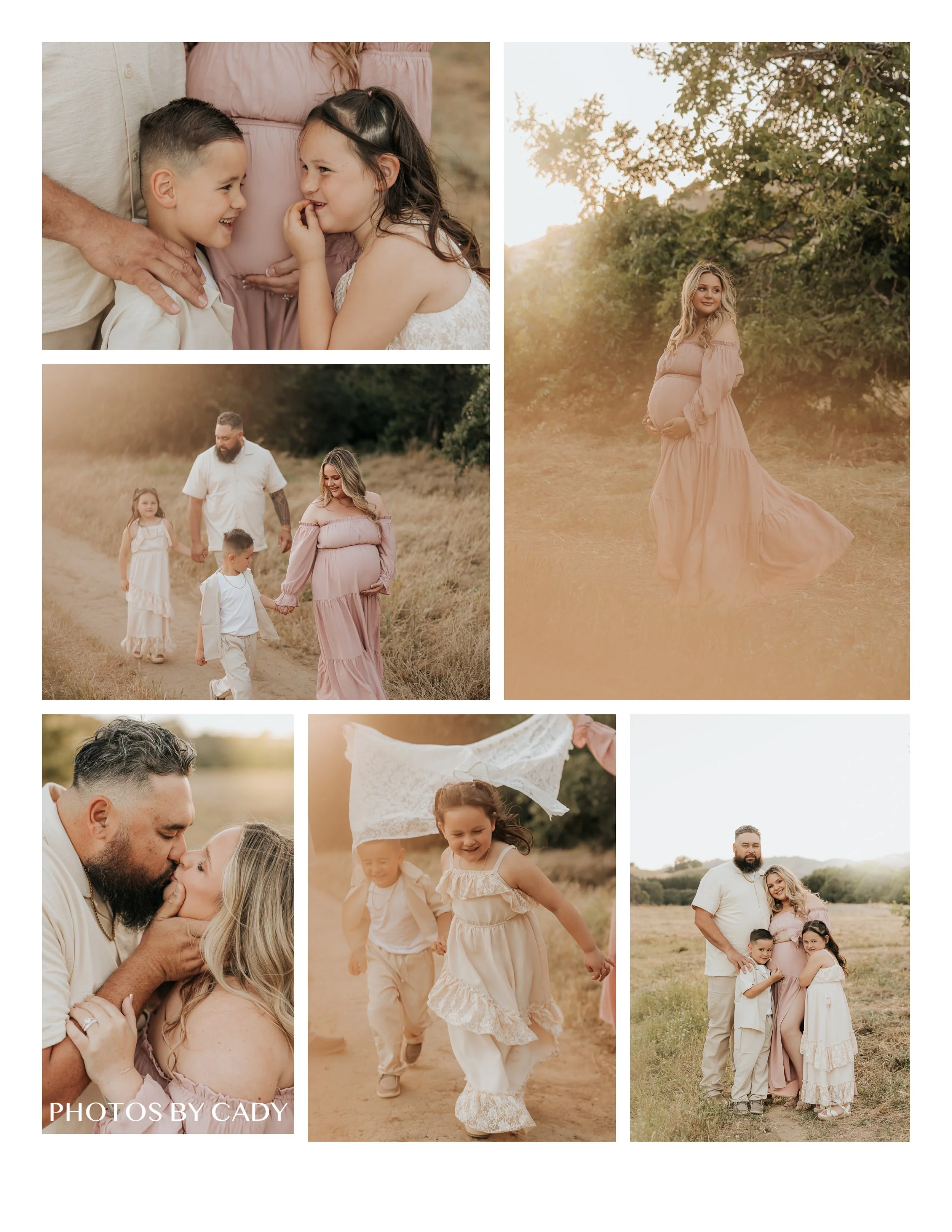 Expectant family walking, laughing, and embracing outdoors.