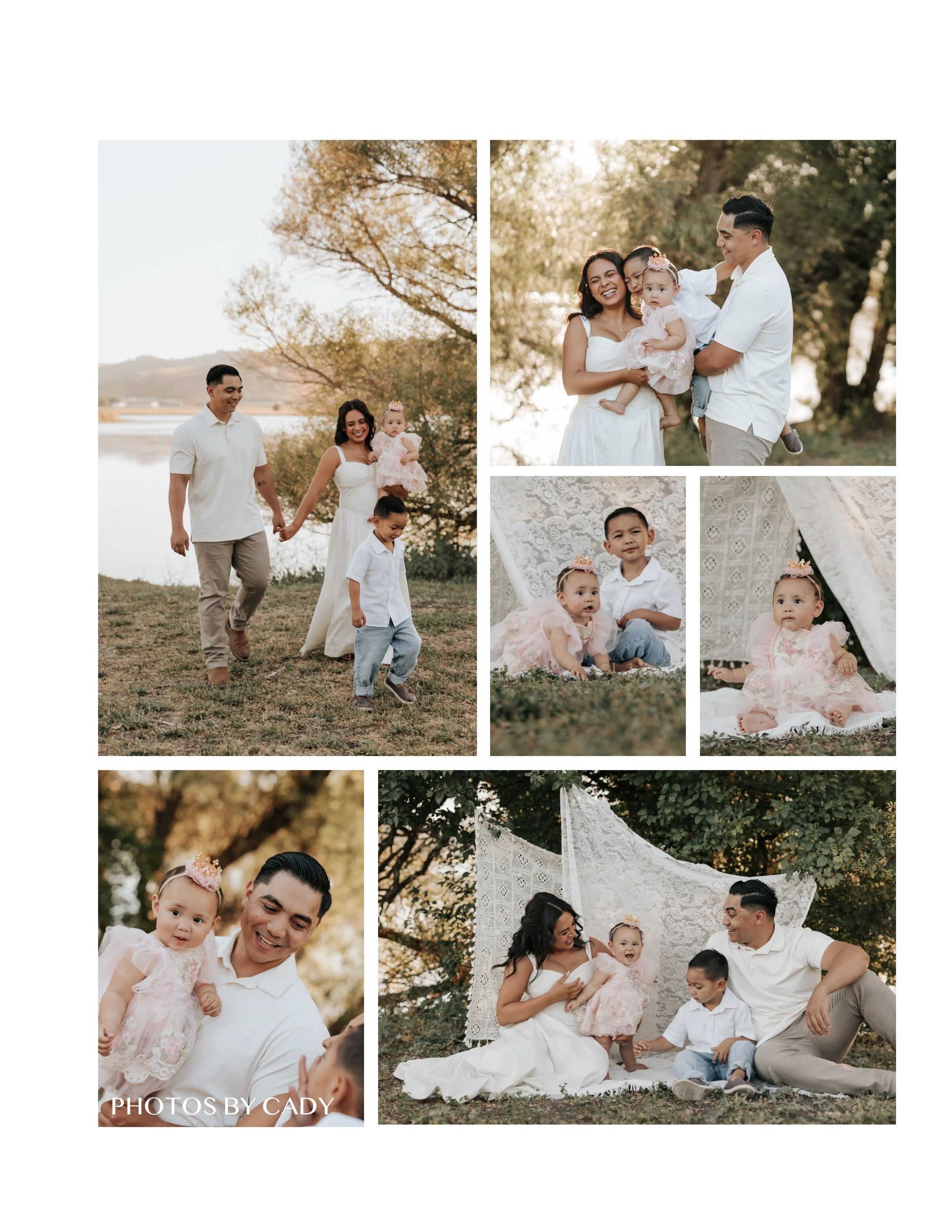 Family of four cuddling together beneath leafy trees.