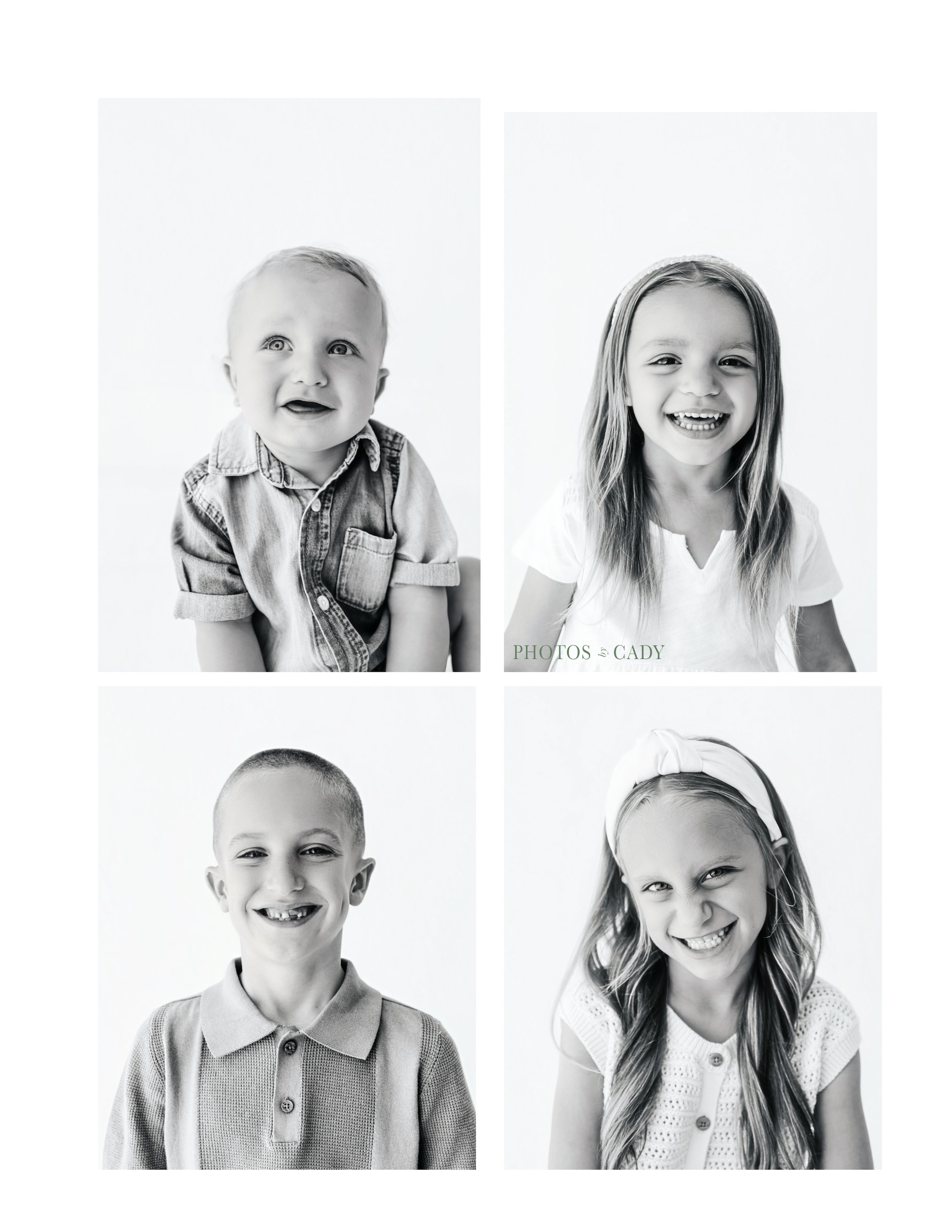 Brother and sister making playful expressions in black-and-white portraits.