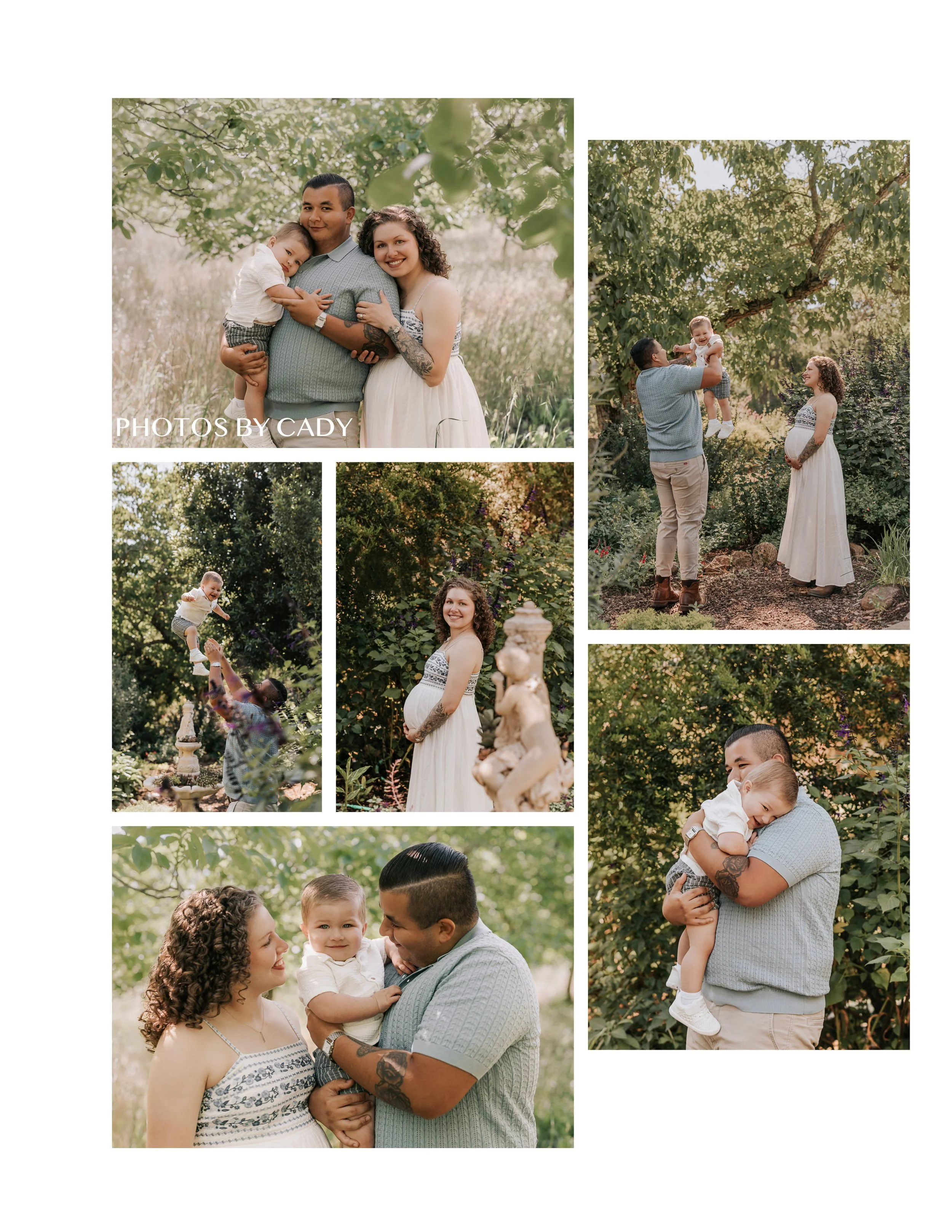 Expectant parents and toddler cuddling together in a leafy park.