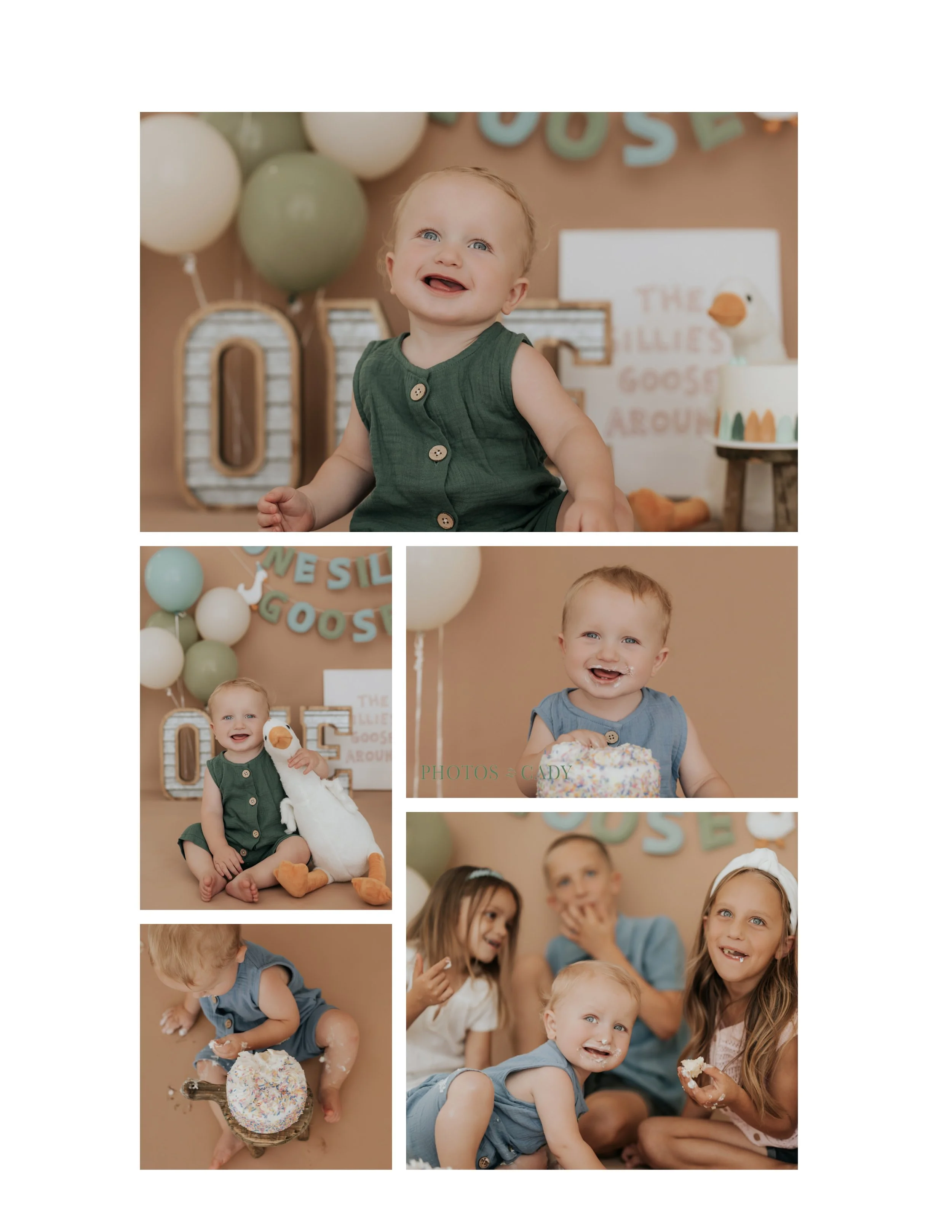 Baby boy celebrating his first birthday with cake and green balloons.