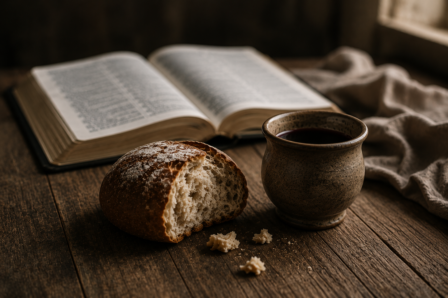 Close-up ofa loaf of bread, a cup of wine, and an open Bible on a table