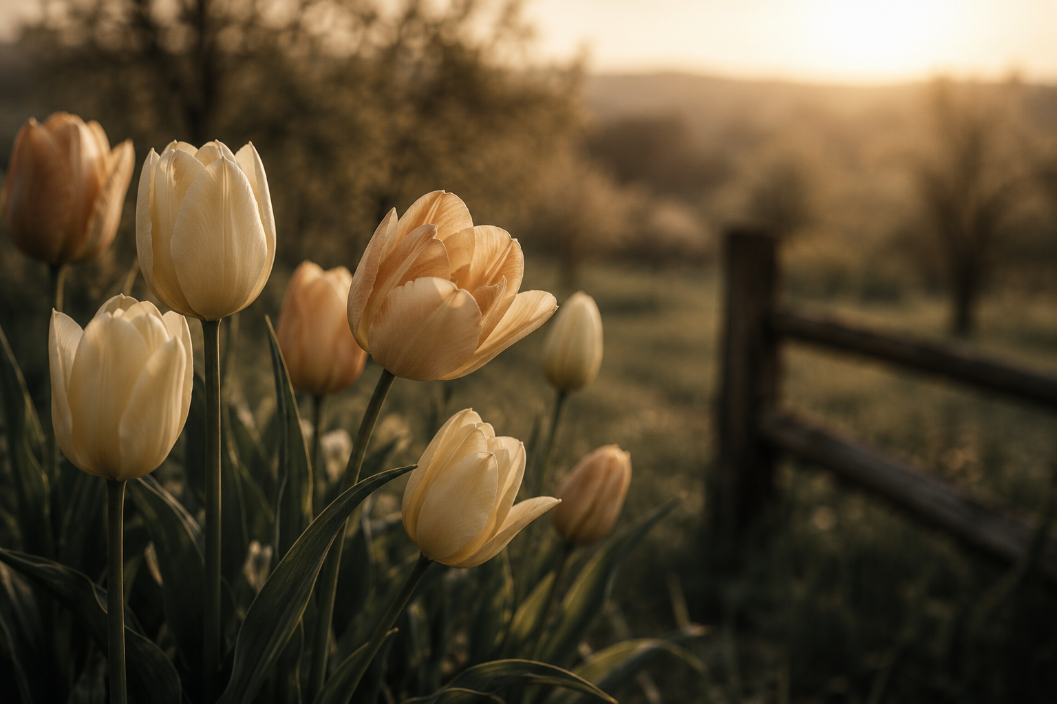 A close up of a cluster of light yellow tulips with a field in the background