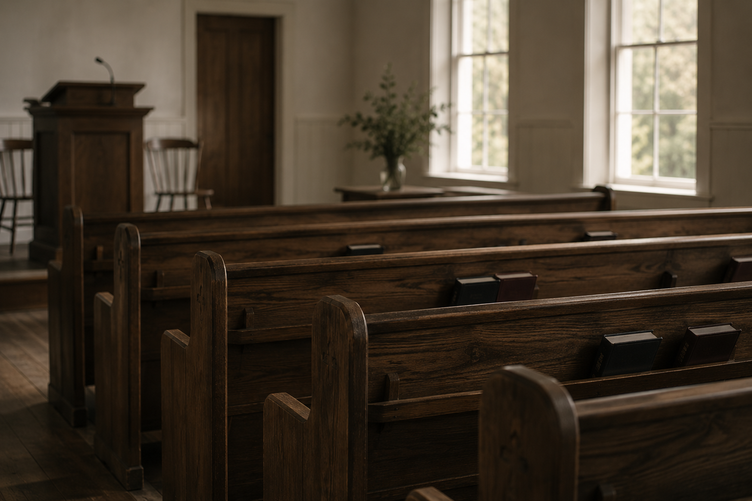 Pews and the pulpit in a small church