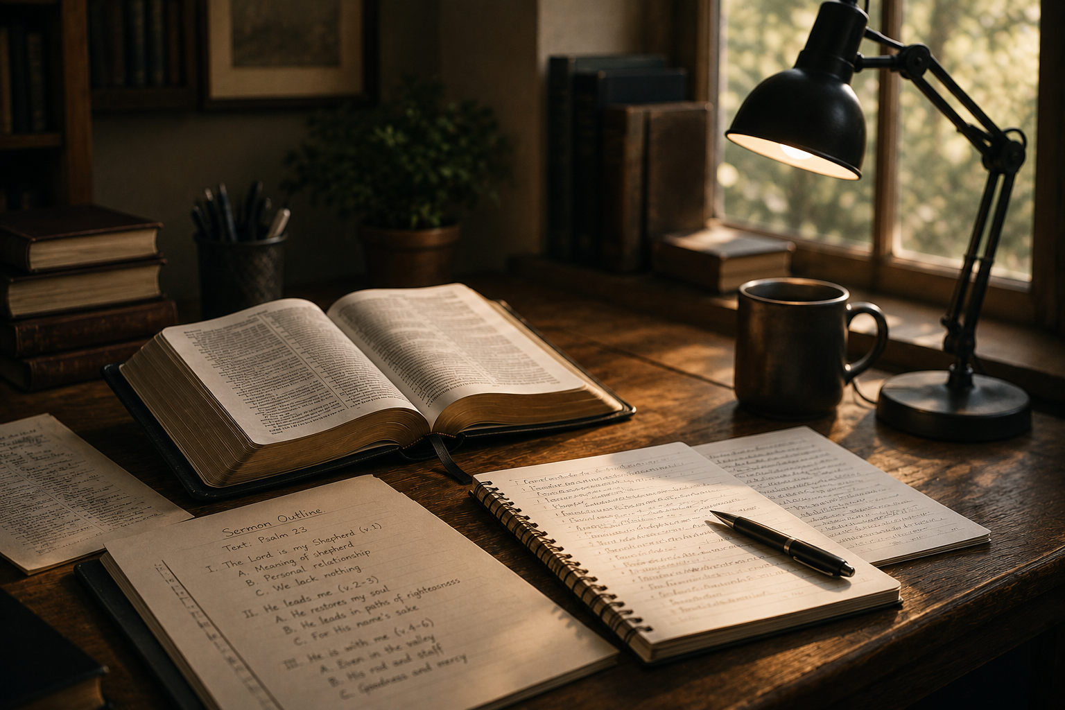 A desk with open Bible and notebooks with writing on them