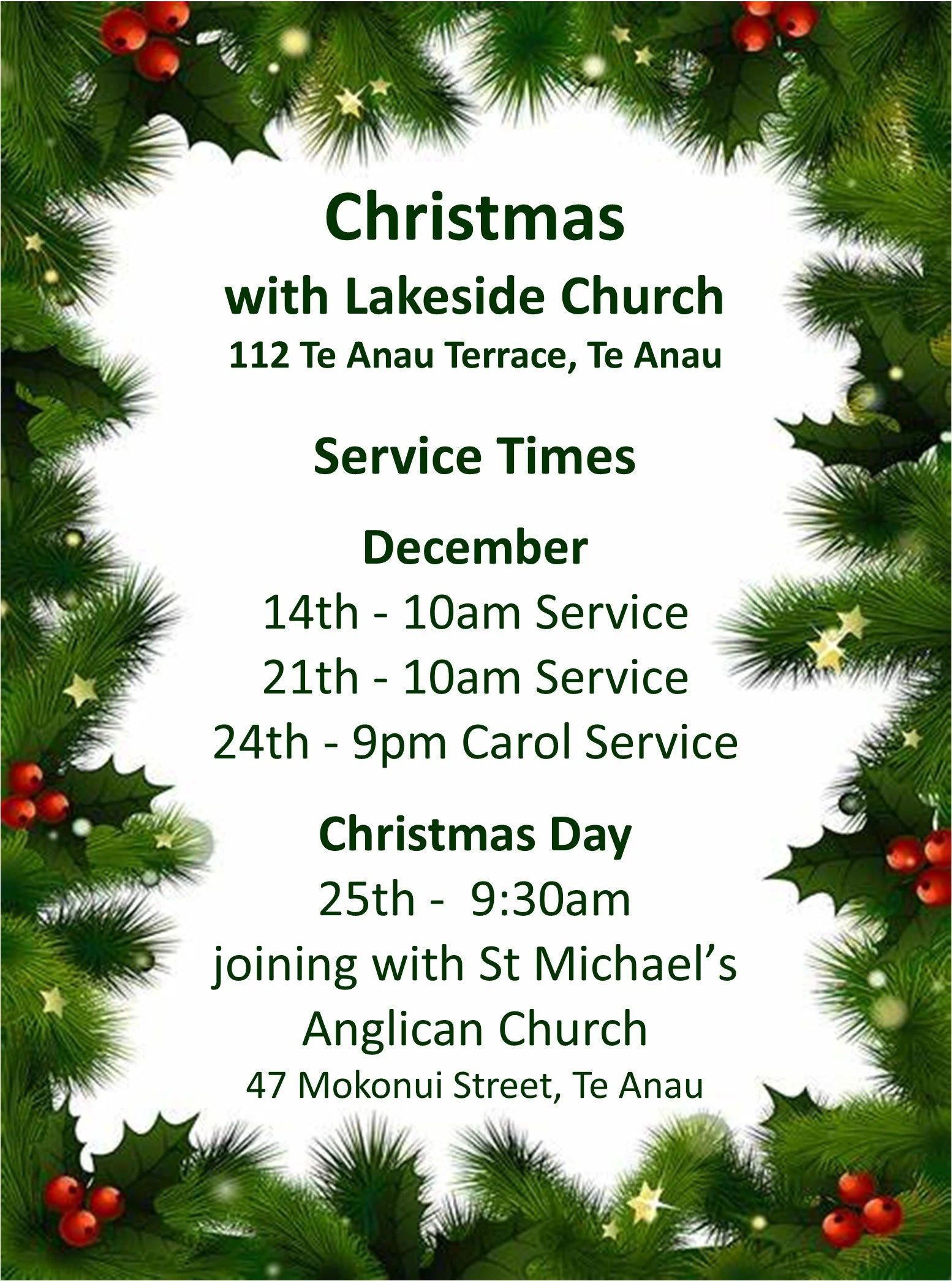 Christmas event flyer for Lakeside Church with service times in December and Christmas Day, decorated with holly, pine branches, and stars.