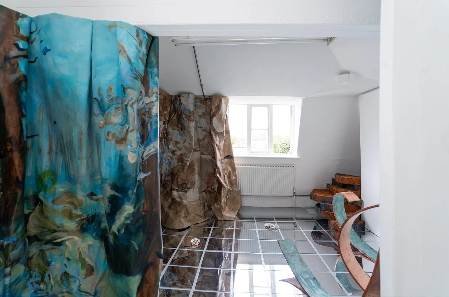 Summat i't' Between | 2026 | Linen, oil paint, engraved copper, iron and copper oxidising and oil pigments, reclaimed wood, glass mirror, extruded polystyrene  |  City & Guilds of London Art School - MA Show