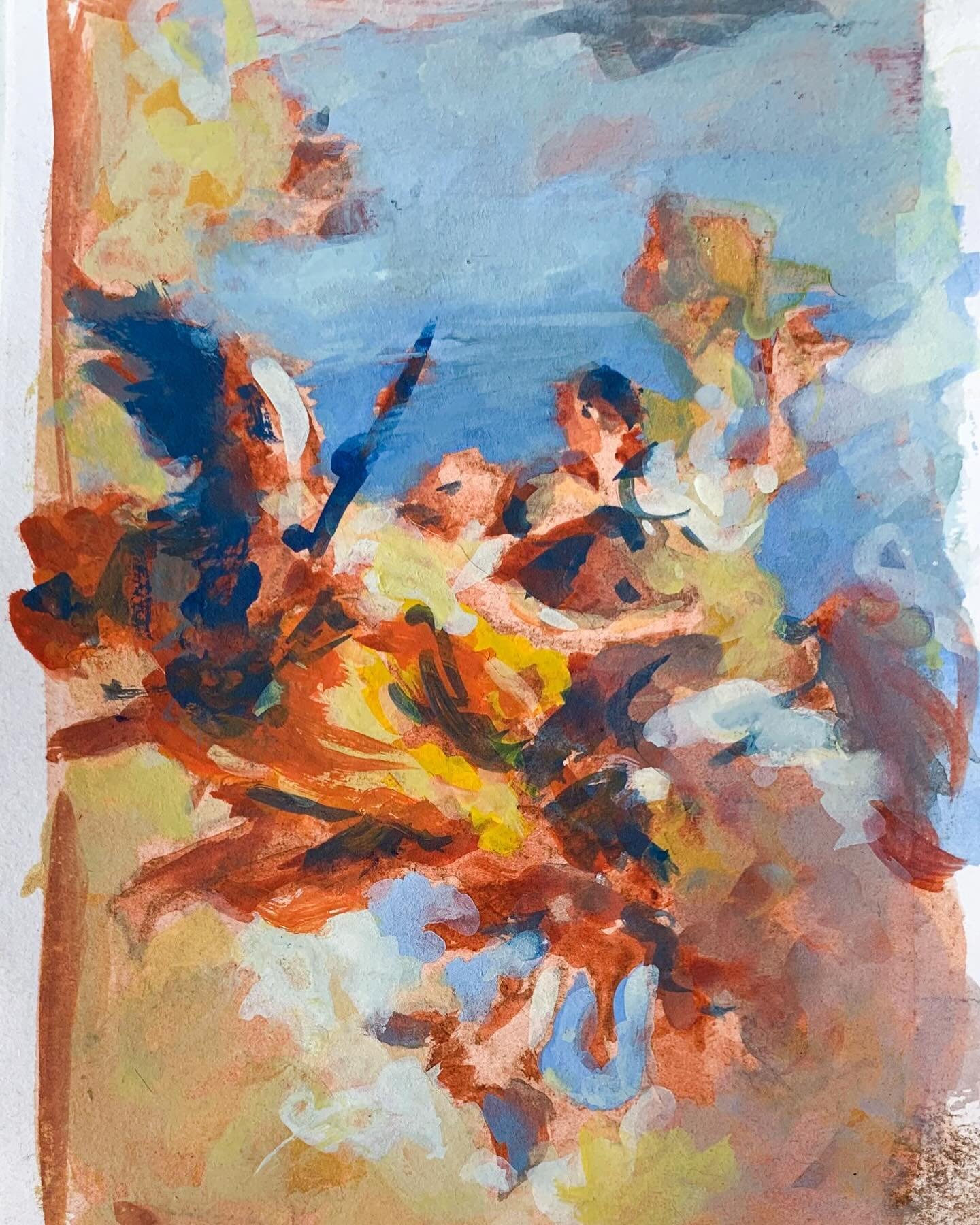 After Tiepolo &mdash; Allegory of Virtue and Nobility (Allegory of Strength &amp; Wisdom)

-
Looking back at some transcriptions of Tiepolo, in particular the values and hues to create structure and movement.
⠀⠀⠀⠀⠀⠀⠀⠀⠀
Gouache on Paper
7 x 15 cm
.
. 