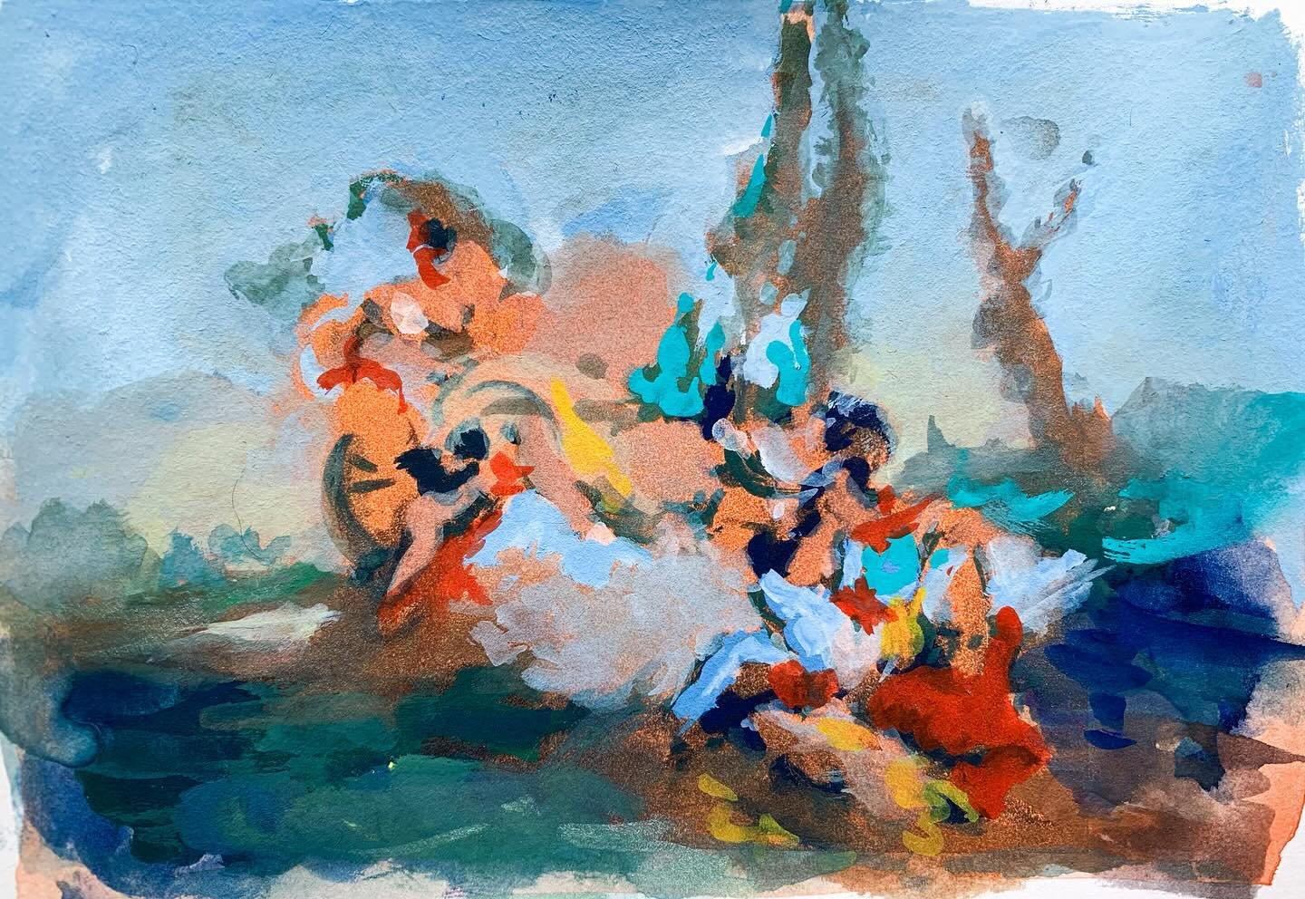 After Tiepolo &mdash;

-
Looking back at some transcriptions of Tiepolo, in particular the values and hues to create structure and movement.
⠀⠀⠀⠀⠀⠀⠀⠀⠀
Gouache on Paper
7 x 15 cm
.
. 
.
.
#Tiepolo #Woods #clouds #Contrejour #oilpainting #enpleinair #c