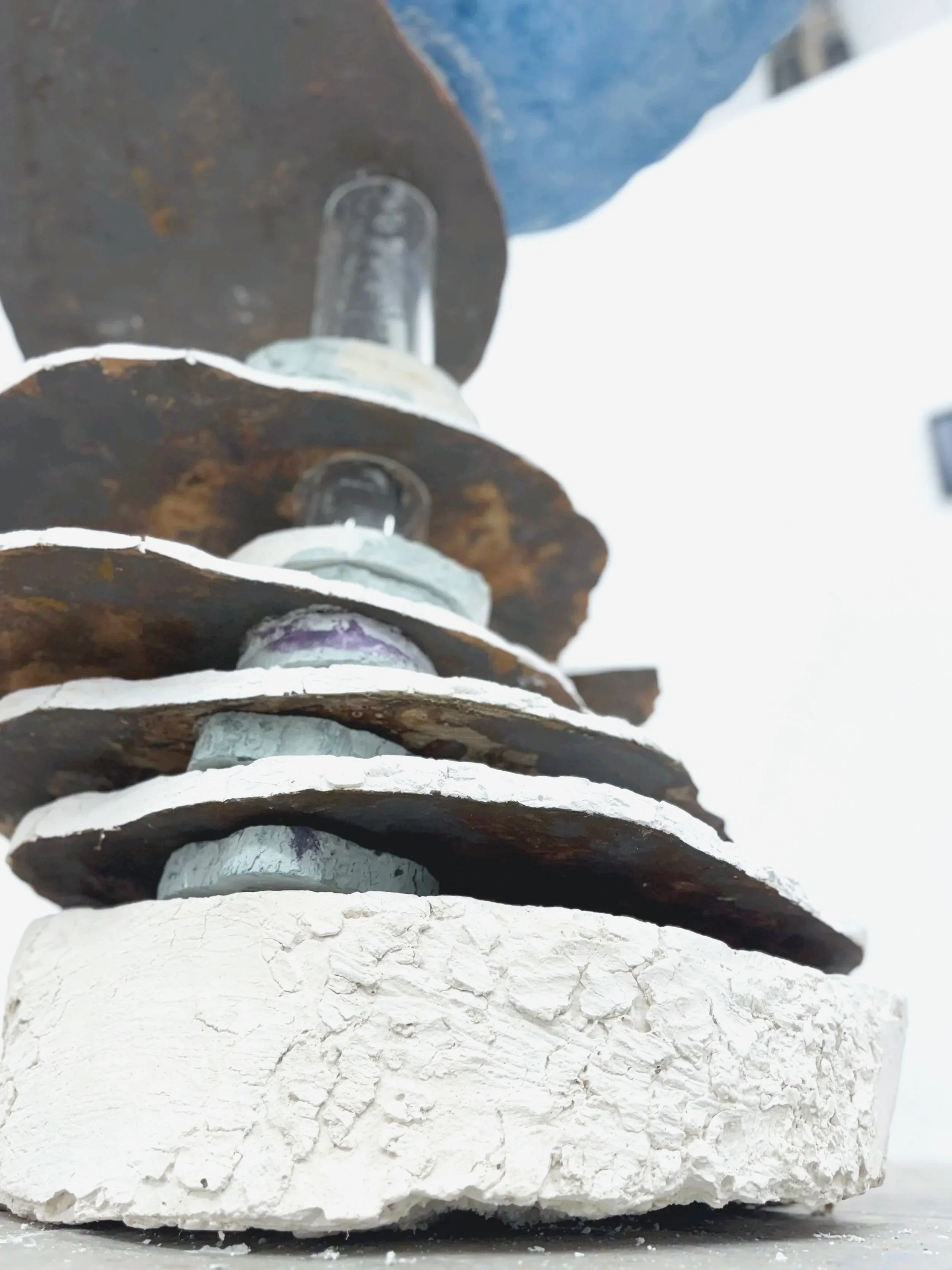 black, crank and porcelain clays with crawl glazes, chrome alum compound, oxidised iron and copper pigments, oil pigments, plaster, aqua cast, resin, solid and upcycled manmade woods, card, paper, strentex, conté and pencil crayon  |  220 x 100 x 100