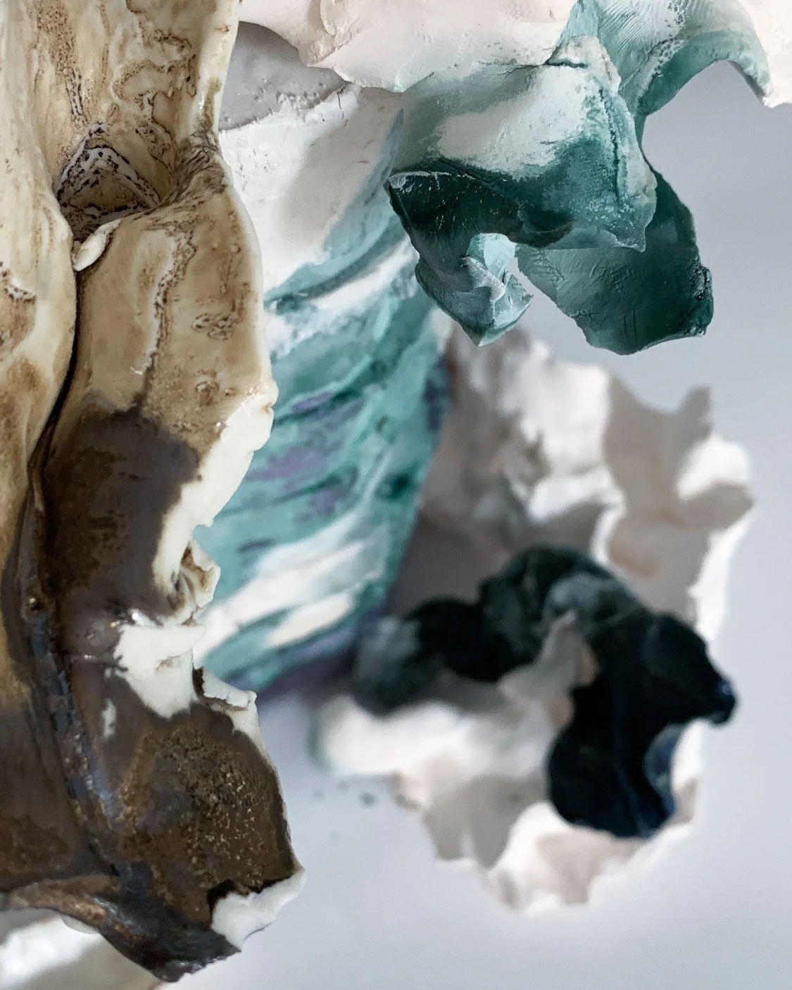 Potassium sulphate and bronze glaze as patinas seeping through and coating fragmented growths of porcelain &mdash; Underrt Canopy of The Woods of Ecky Thump 

Growths of fungi, flowers and leaves&hellip; a plethora bioforms both recognisable and gest