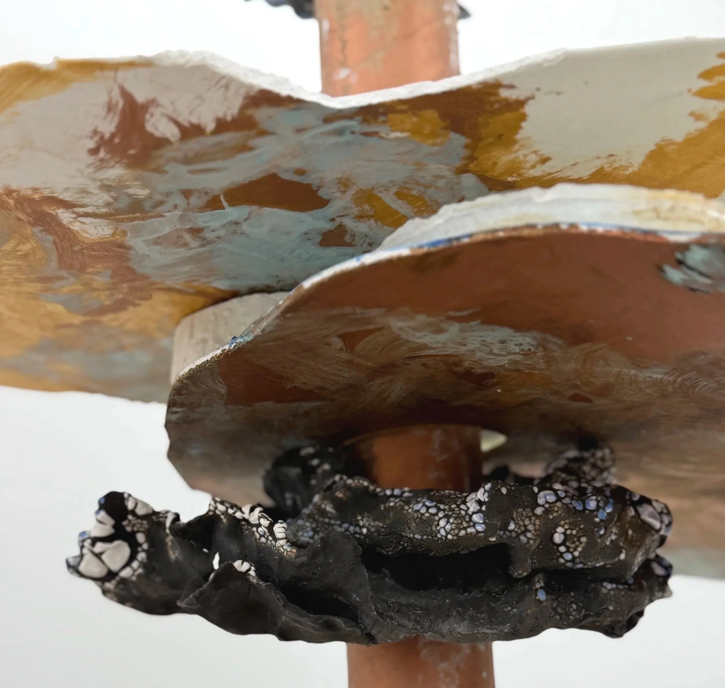 Held i’ t’ Place | 2026 | black, crank and porcelain clays with crawl glazes, chrome alum compound, oxidised iron and copper pigments, oil pigments, plaster, aqua cast, resin, solid and reclaimed woods, card, paper, strentex  |  320 x 100 x 100 cm