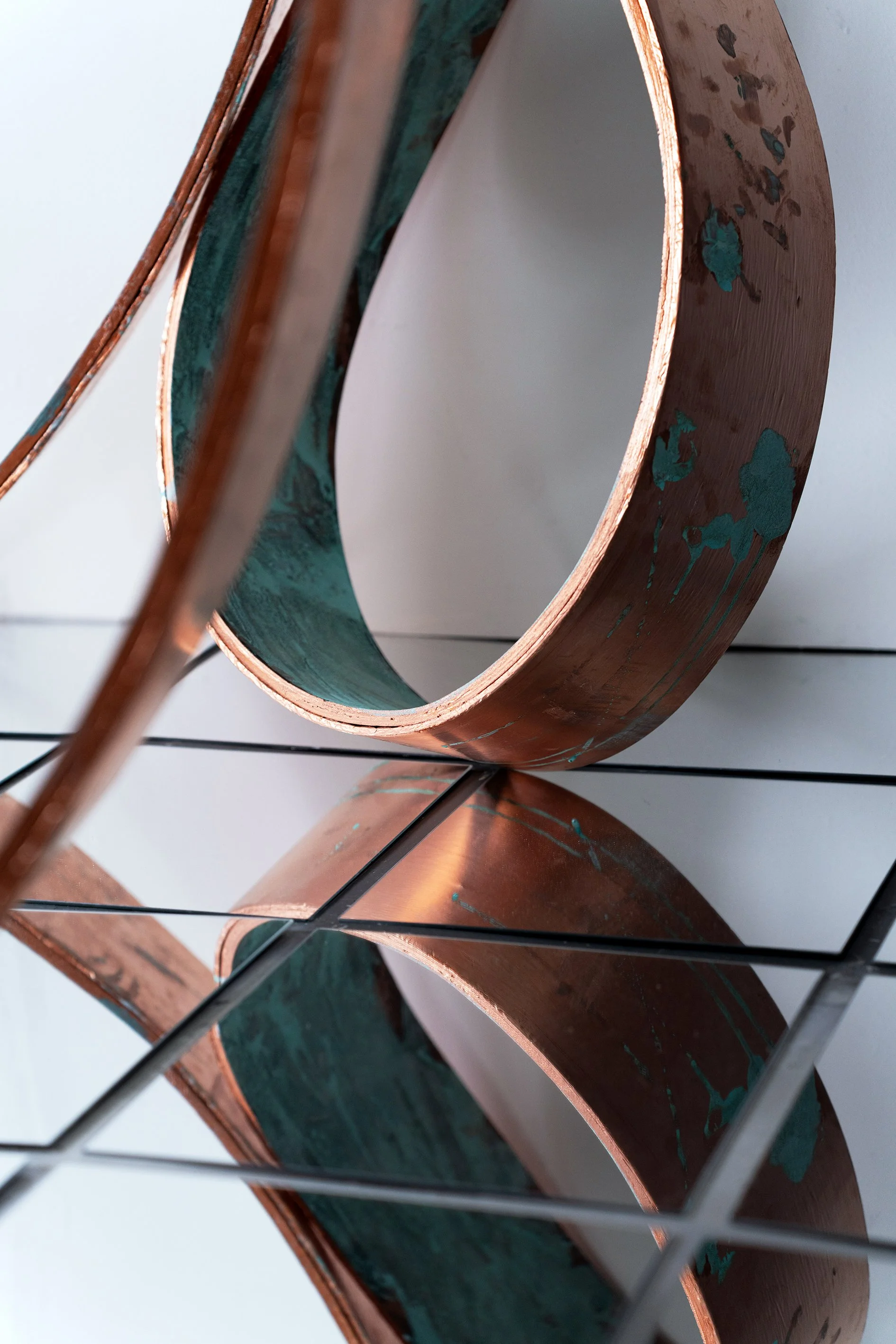 Summat i't' Between | 2026 | Linen, oil paint, engraved copper, iron and copper oxidising and oil pigments, reclaimed wood, glass mirror, extruded polystyrene  |  City & Guilds of London Art School - MA Show