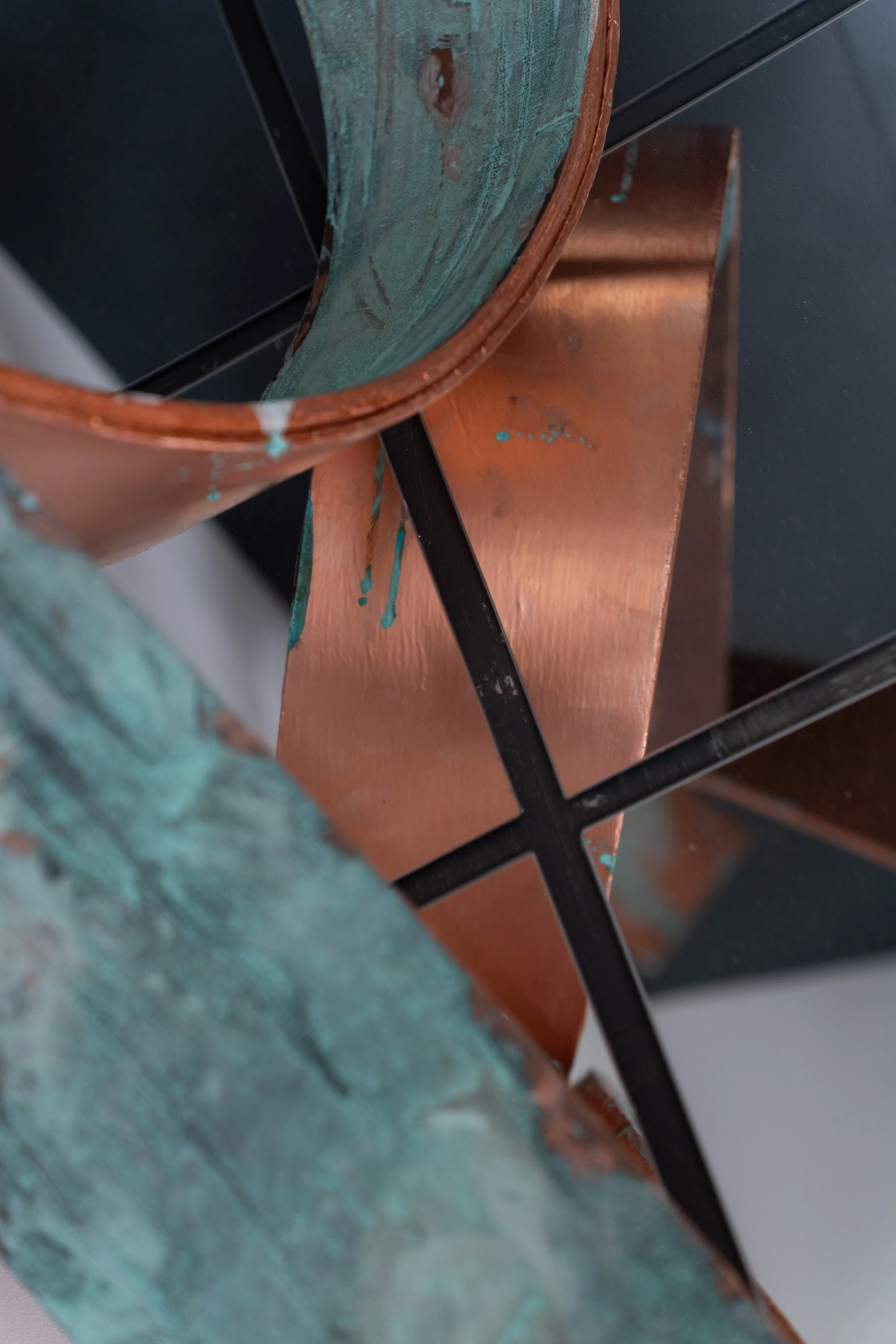 Summat i't' Between | 2026 | Linen, oil paint, engraved copper, iron and copper oxidising and oil pigments, reclaimed wood, glass mirror, extruded polystyrene  |  City & Guilds of London Art School - MA Show