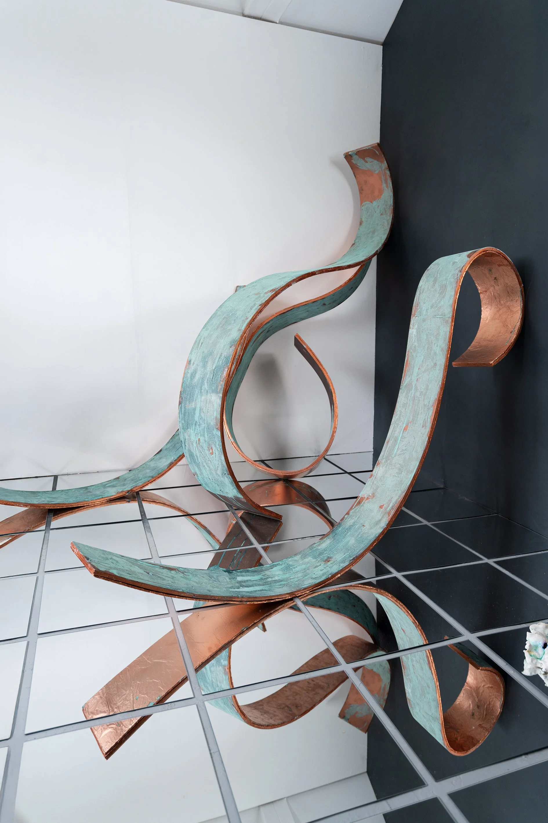 Summat i't' Between | 2026 | Linen, oil paint, engraved copper, iron and copper oxidising and oil pigments, reclaimed wood, glass mirror, extruded polystyrene  |  City & Guilds of London Art School - MA Show