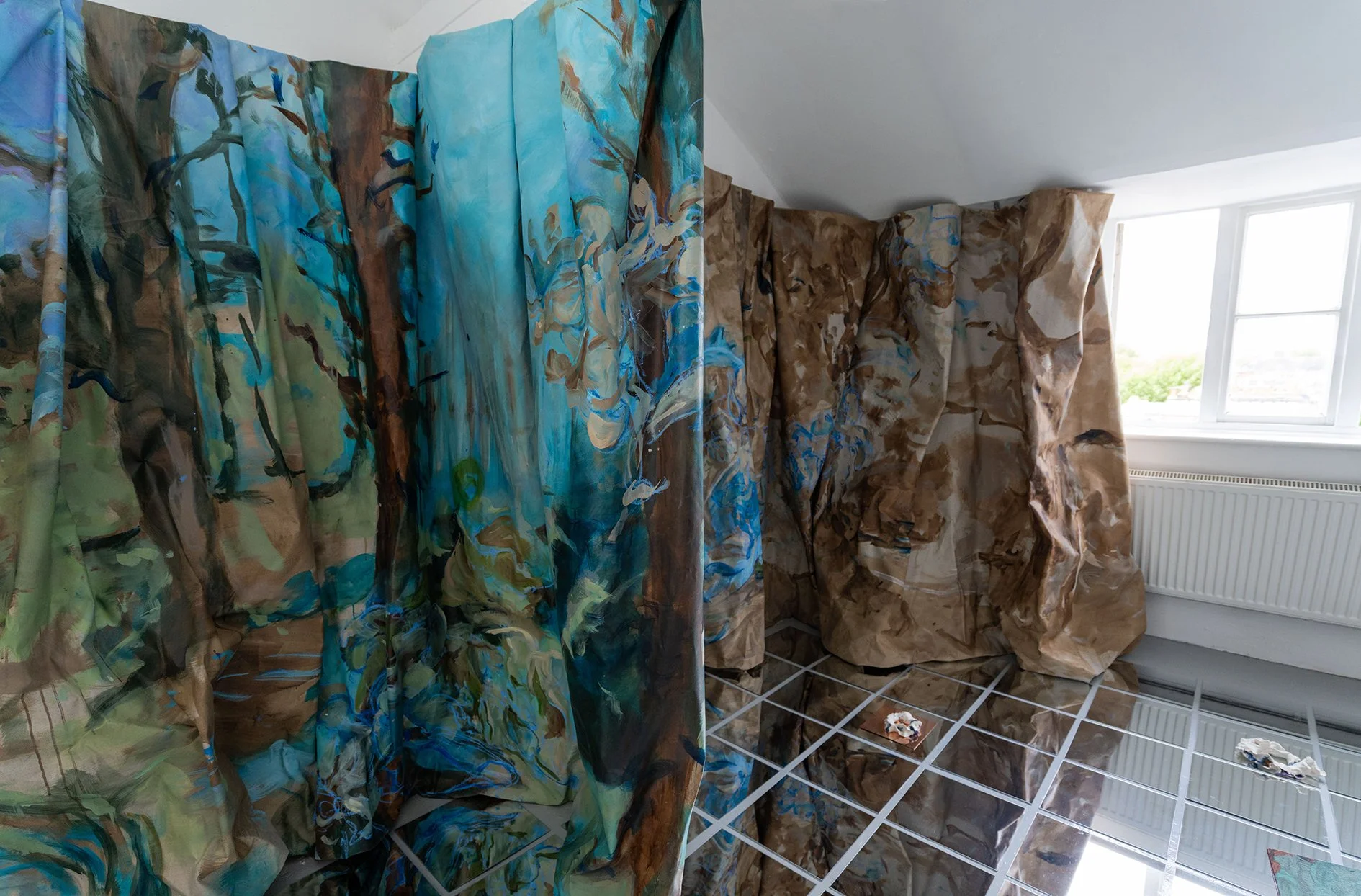 Summat i't' Between | 2026 | Linen, oil paint, engraved copper, iron and copper oxidising and oil pigments, reclaimed wood, glass mirror, extruded polystyrene  |  City & Guilds of London Art School - MA Show