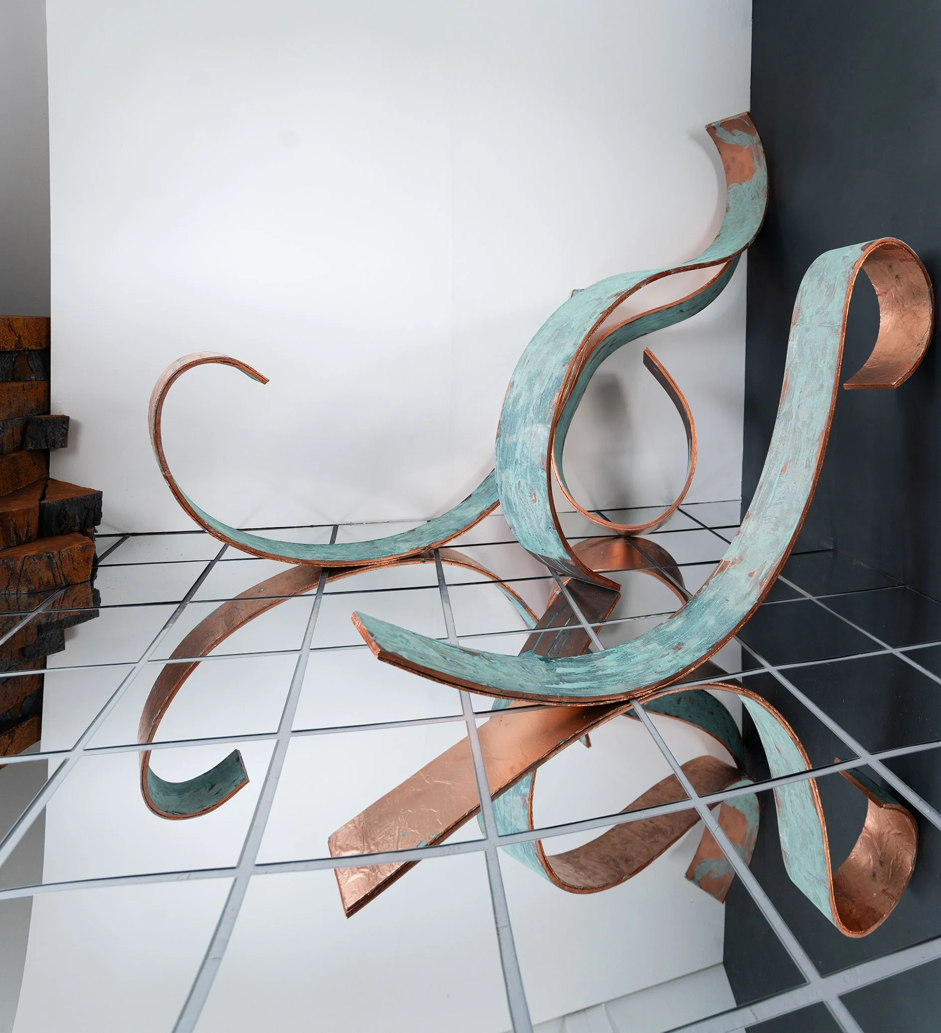 Summat i't' Between | 2026 | Linen, oil paint, engraved copper, iron and copper oxidising and oil pigments, reclaimed wood, glass mirror, extruded polystyrene  |  City & Guilds of London Art School - MA Show