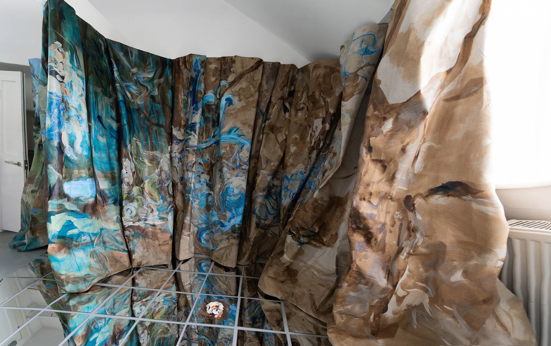 Summat i't' Between | 2026 | Linen, oil paint, engraved copper, iron and copper oxidising and oil pigments, reclaimed wood, glass mirror, extruded polystyrene  |  City & Guilds of London Art School - MA Show