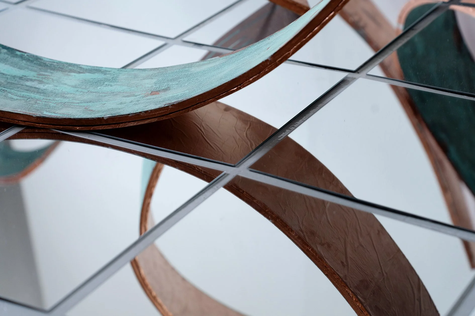 Summat i't' Between | 2026 | Linen, oil paint, engraved copper, iron and copper oxidising and oil pigments, reclaimed wood, glass mirror, extruded polystyrene  |  City & Guilds of London Art School - MA Show