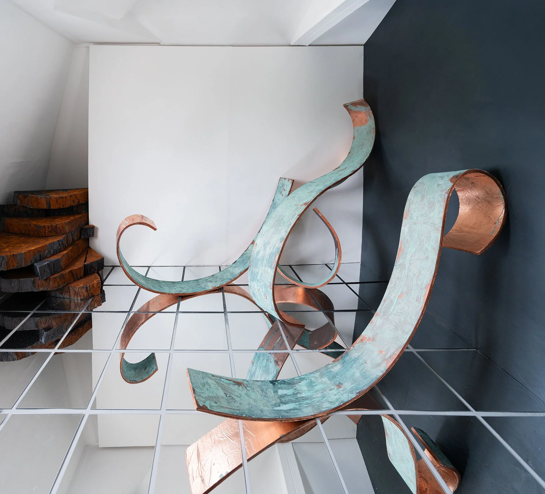 Summat i't' Between | 2026 | Linen, oil paint, engraved copper, iron and copper oxidising and oil pigments, reclaimed wood, glass mirror, extruded polystyrene  |  City & Guilds of London Art School - MA Show