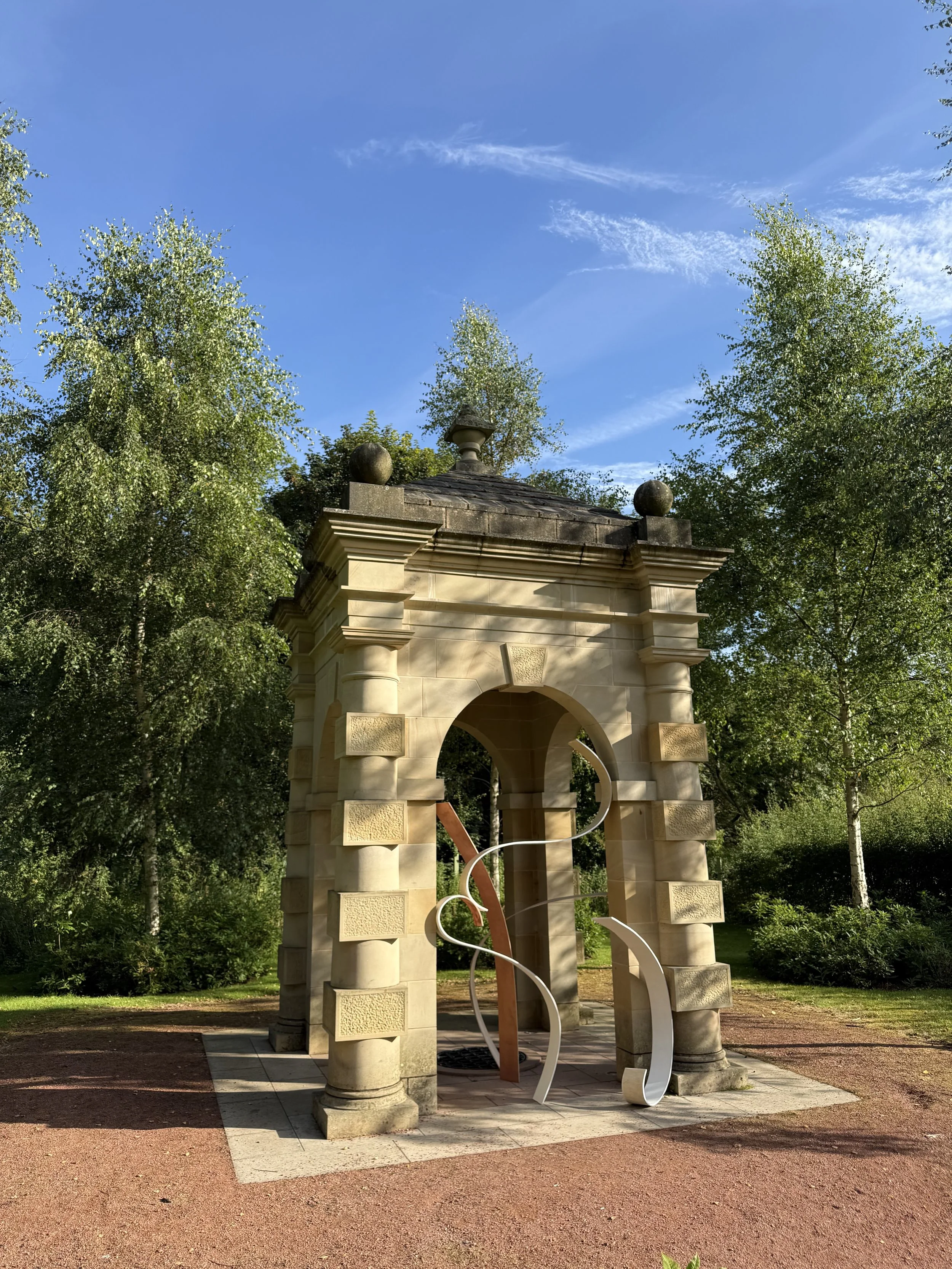 Clambering | 2026 | Engraved copper, iron and copper oxidising and oil pigments, reclaimed wood | 470cm  x 290 x 370 cm varying volume | in situ during Dumfries House Residency