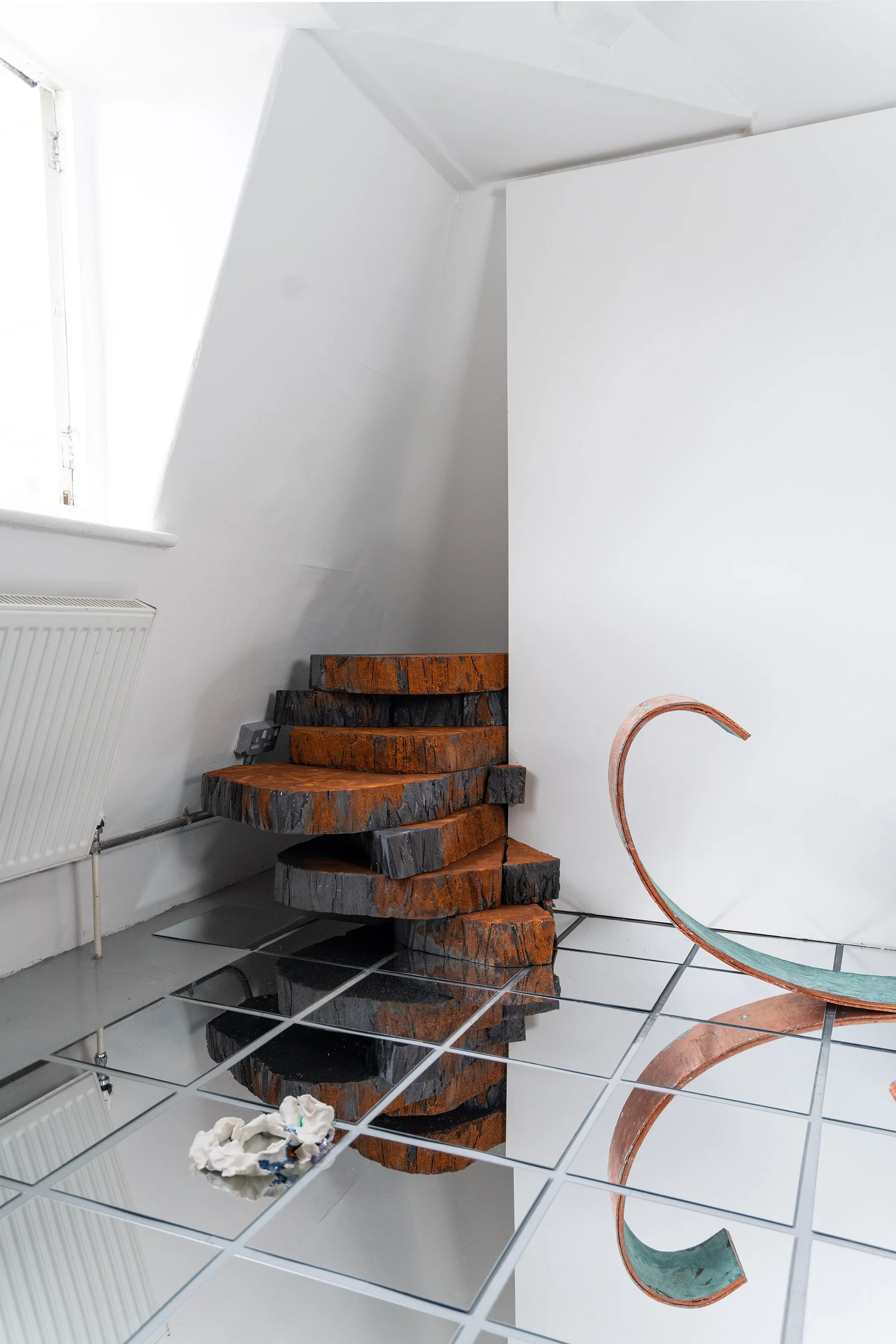 Summat i't' Between | 2026 | Linen, oil paint, engraved copper, iron and copper oxidising and oil pigments, reclaimed wood, glass mirror, extruded polystyrene  |  City & Guilds of London Art School - MA Show