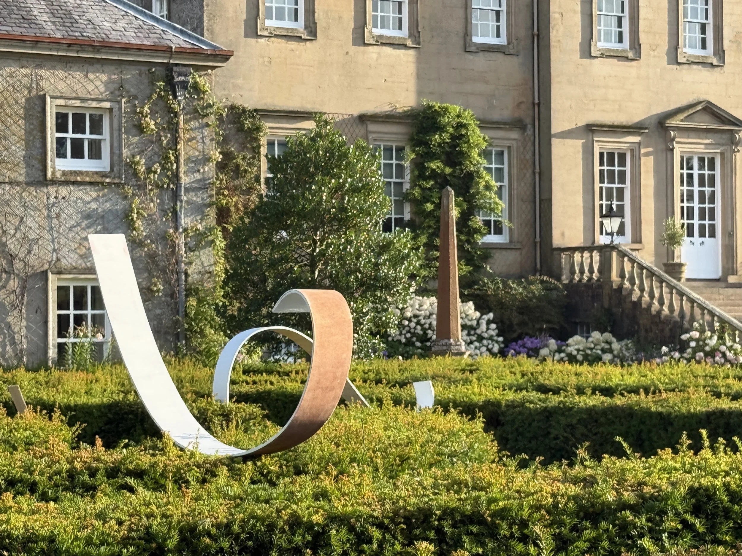 Clambering | 2026 | Engraved copper, iron and copper oxidising and oil pigments, reclaimed wood | 470cm  x 290 x 370 cm varying volume | in situ during Dumfries House Residency