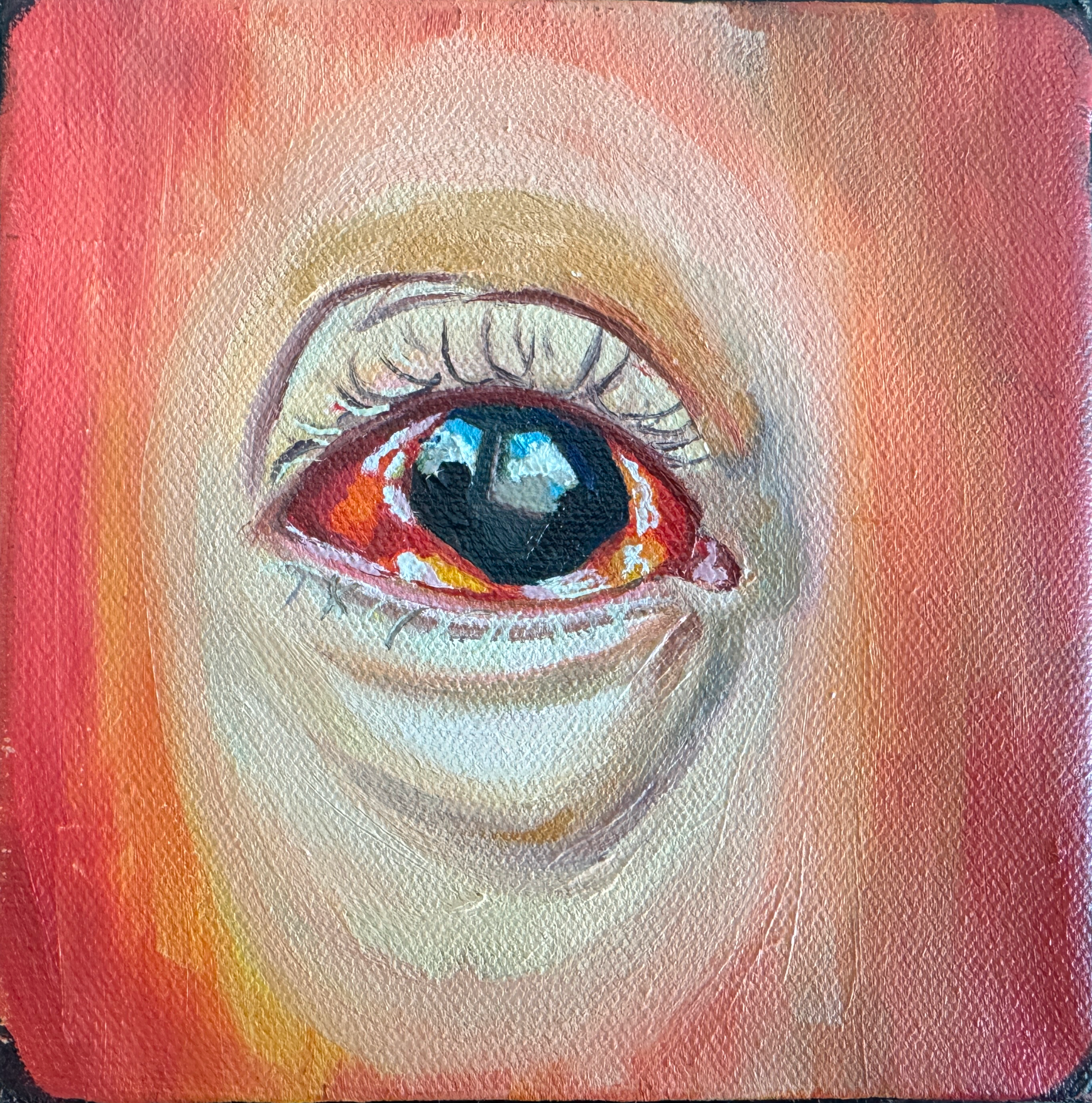 A close-up of a human eye painted in a realistic style with vibrant colors and detailed brushstrokes.
