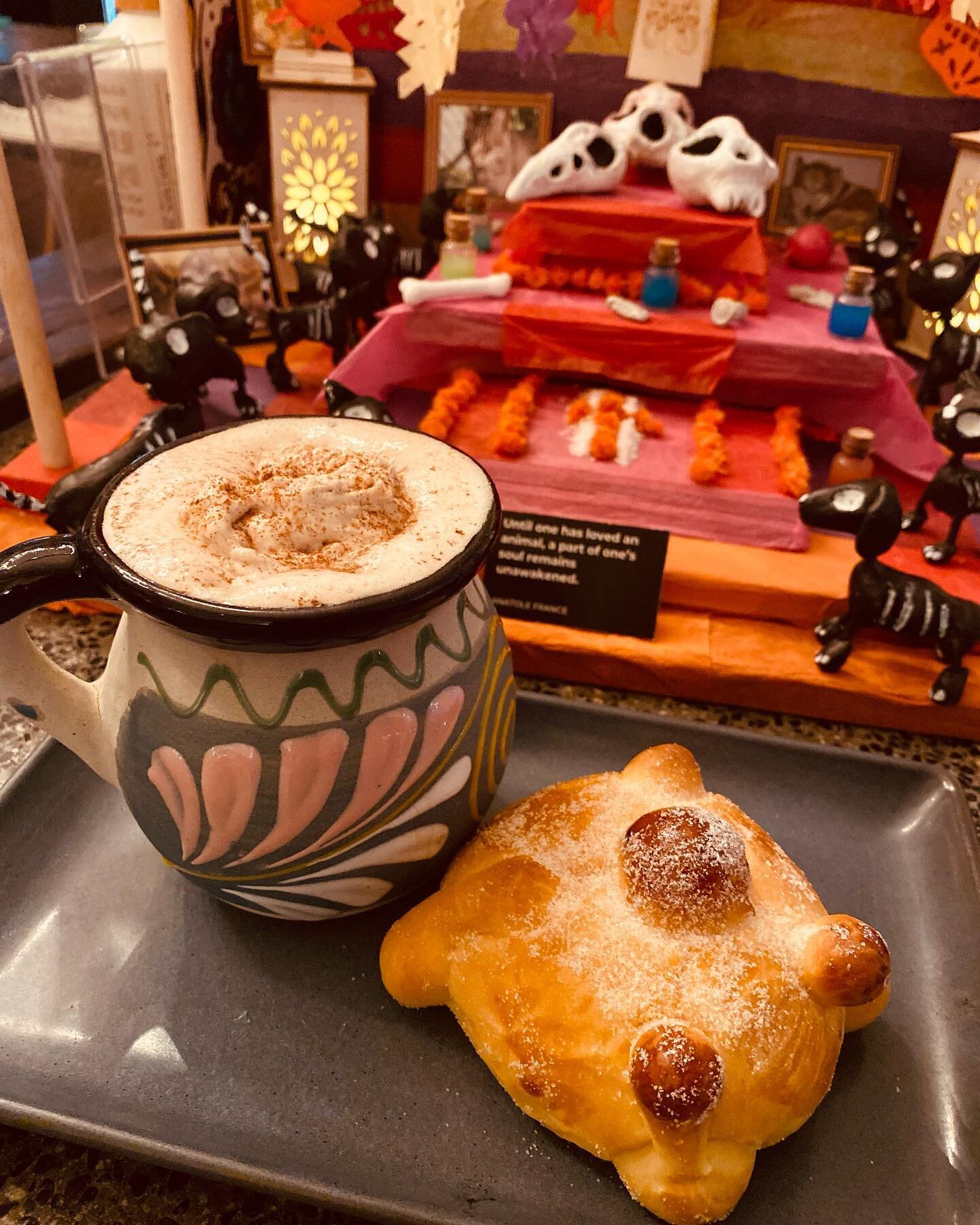 We are featuring some special items for Dia de Los Muertos (Day of the Dead) this weekend to celebrate this sacred holiday. Pan de Muerto and a Cacao Caliente. ☕️This sultry warm cocktail is a soul heater. Saile Jerry&rsquo;s spiced rum, Ancho Reyes 