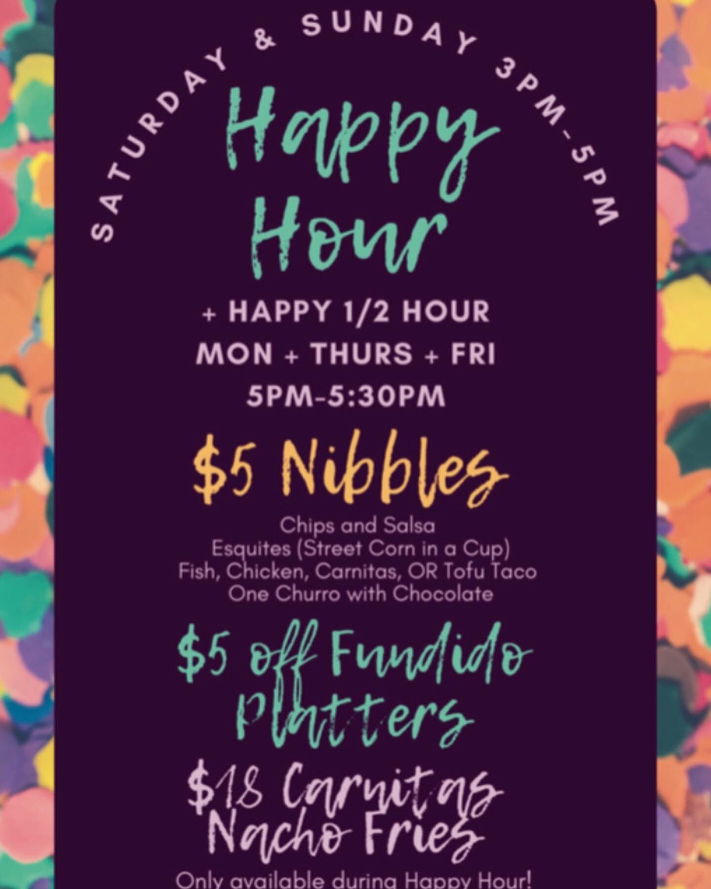 Happy Hour&hellip;and so it begins. Come check out our happiest of happy times with this fun new menu available for a cheeky lil 1/2 hour 5pm-5:30pm on weekdays and Saturdays and Sundays from 3pm-5pm. Great deals&hellip; Great vibes&hellip; Great dri