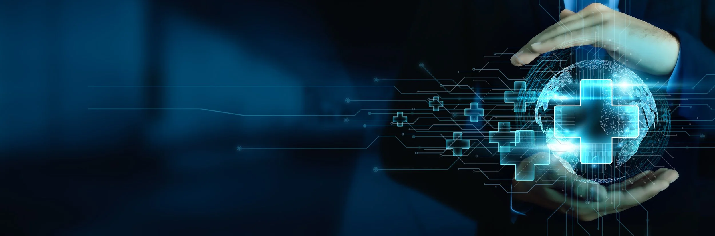 Two hands encircle a digital sphere with a cross in the centre; represents concept of solving health