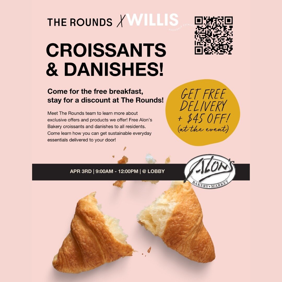 Mark your calendars for a scrumptious morning at Willis Avondale Estates! 🗓️

Join us on April 3rd from 9am to 12pm in our resident lounge for a delightful breakfast event hosted by The Rounds! 🌞🍳 

Indulge in FREE Danishes and croissants from Alo