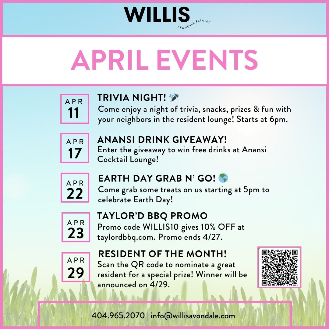 🌼📅 April is blooming with excitement here at Willis Avondale Estates! 

🌸 Check out our jam-packed events calendar for the month ahead. Don't miss out on the fun &ndash; mark your calendars and get ready for an unforgettable April! 🎉 

#WillisAvo