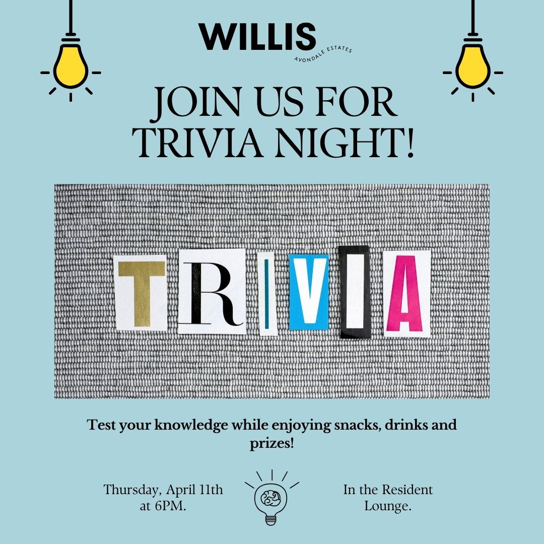 🎉 Join us for an exciting Trivia Night on April 11th at 6pm in the resident lounge! 

🧠 Test your knowledge, enjoy drinks, snacks, and a chance to win fantastic prizes! Don't miss out on the fun &ndash; see you there! 🏆 

#TriviaNight #WillisAvond