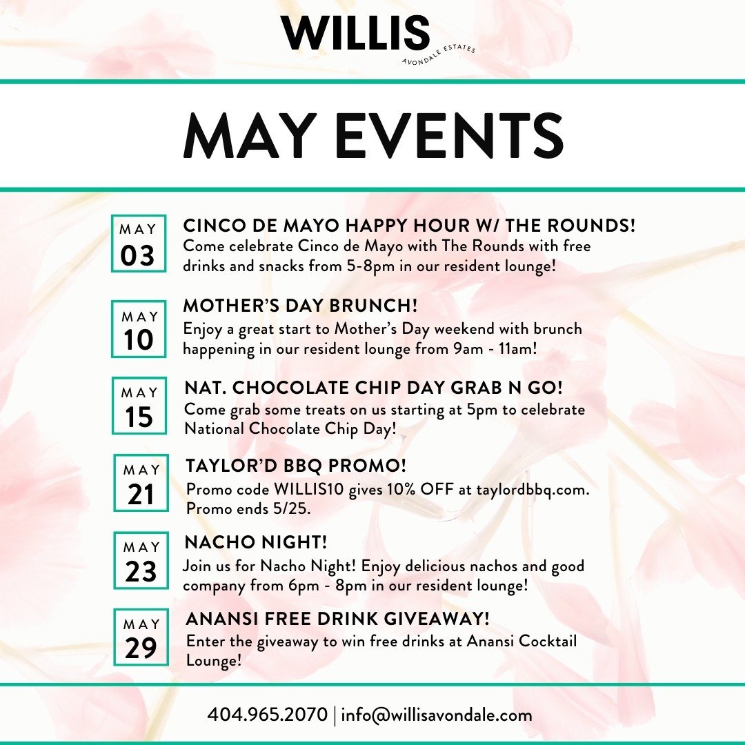 🌸 May is blooming with excitement at Willis Avondale Estates! 🌸 

Check out our jam-packed event calendar for a month filled with fun, community, and unforgettable moments. Don't miss out on all the happenings!

#CommunityEvents #WillisAvondaleEsta