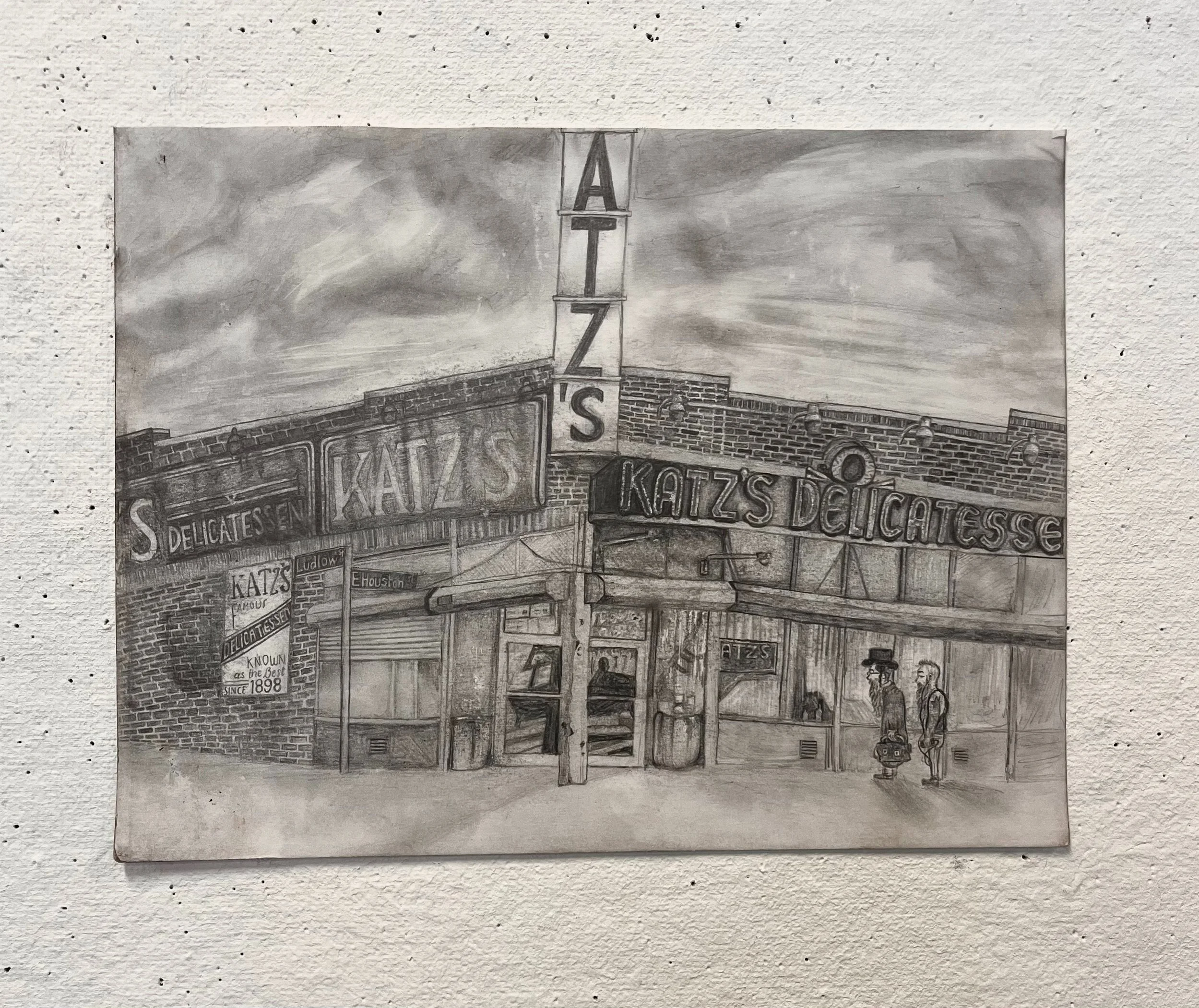 "Pastrami on Rye to Go" // Pencil on paper // 9" X 12" // 2023 // A Landscape drawing of Katz's Deli with an Orthodox Jew and a punk rocker waiting outside. A display of Judaism's evolving nature.