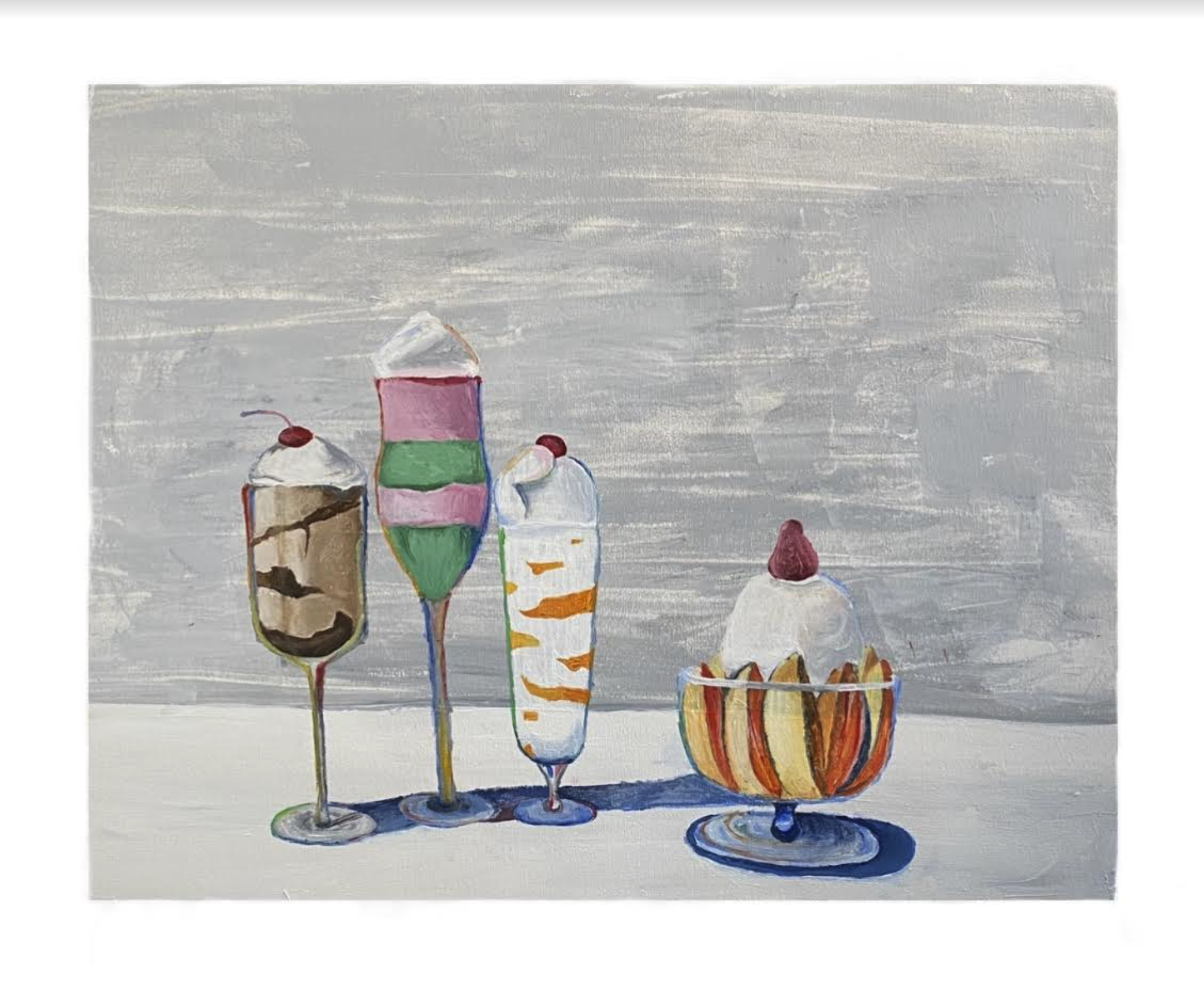 "Homage to Wayne Thiebaud's 'Confections' (1962)" // Acrylic paint on canvas // 16" X 20" // 2020 // A study of Wayne Thiebaud's work that examines his use of vibrant colors, fine lines, and shadows.
