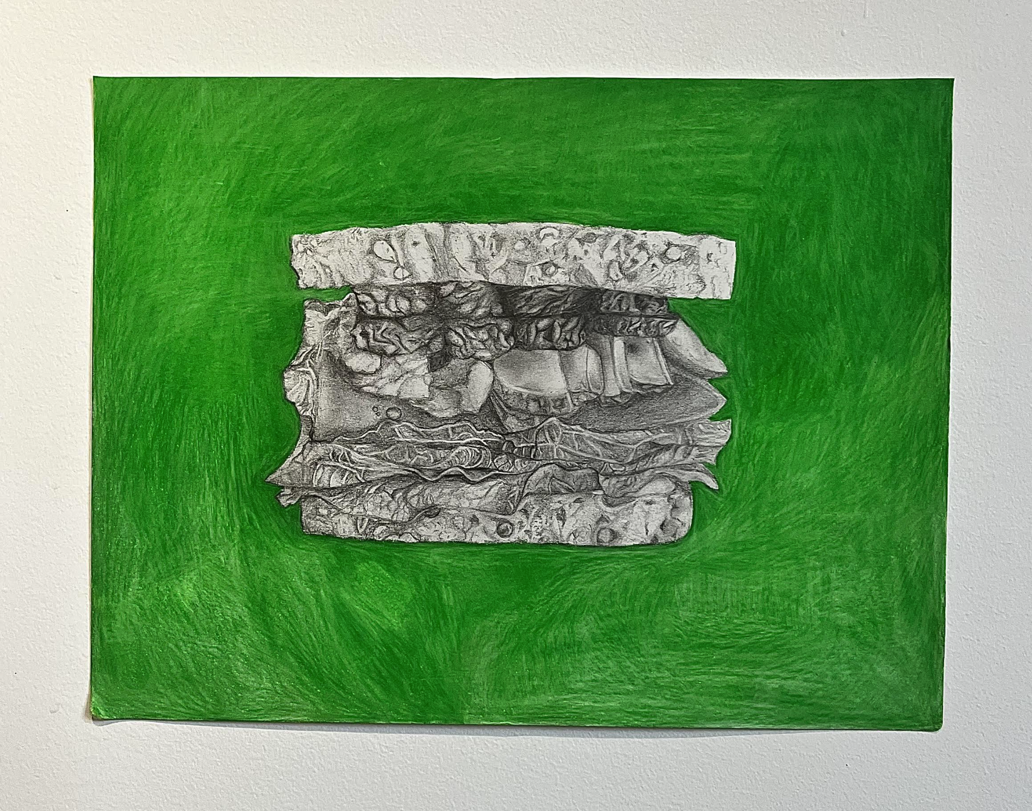 "Tempeh Reuben" // Pencil and colored pencil on paper // 9" X 12" // 2024 // A vegetarian take on the classic deli sandwich.