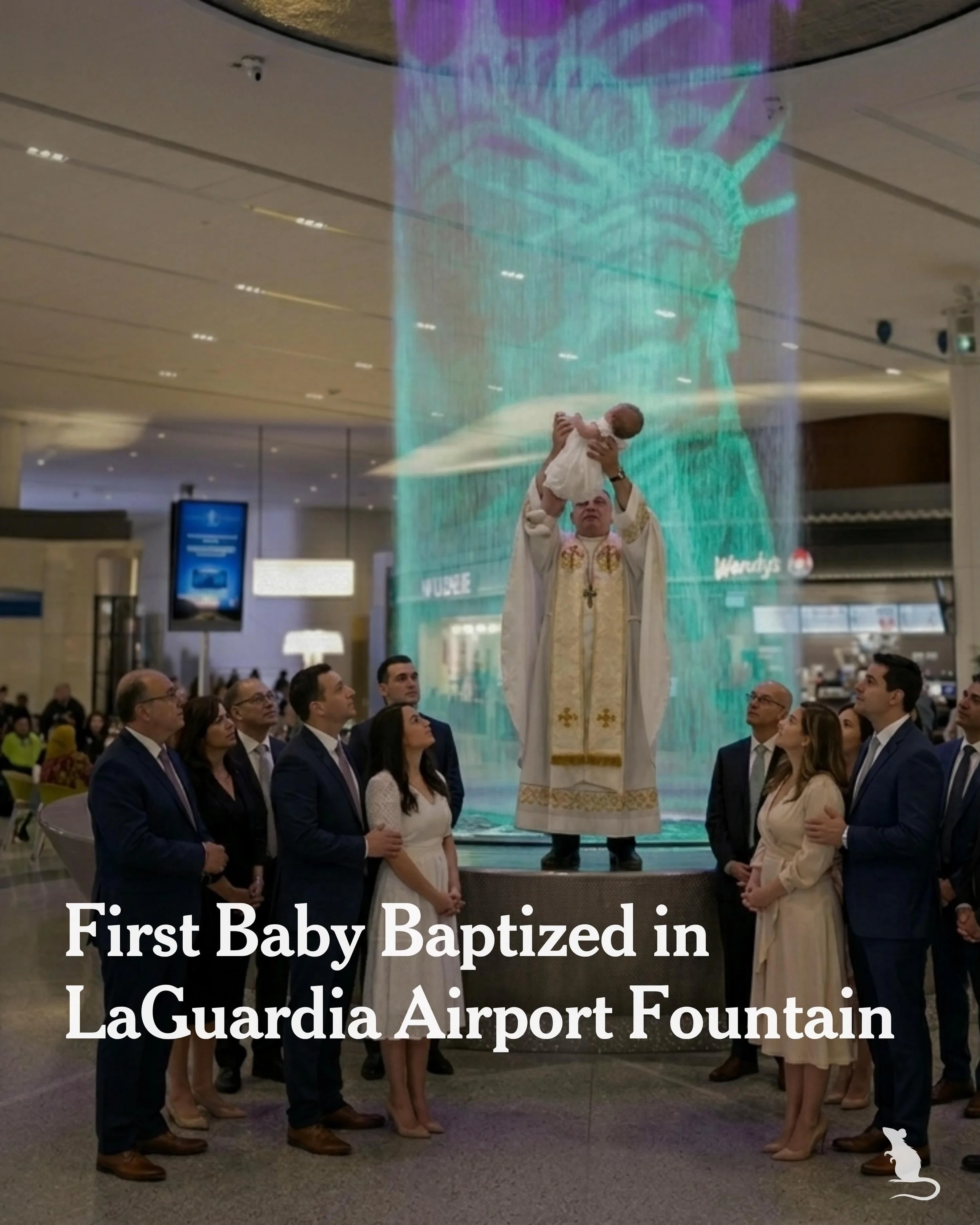 TERMINAL B &mdash; The first baby was baptized in the LaGuardia Airport fountain Monday.

The ceremony, originally scheduled for 1 p.m. Sunday, was delayed to 2:45 p.m., then 3:15 p.m., then canceled and rescheduled for 1.pm. Monday. 

As guests arri