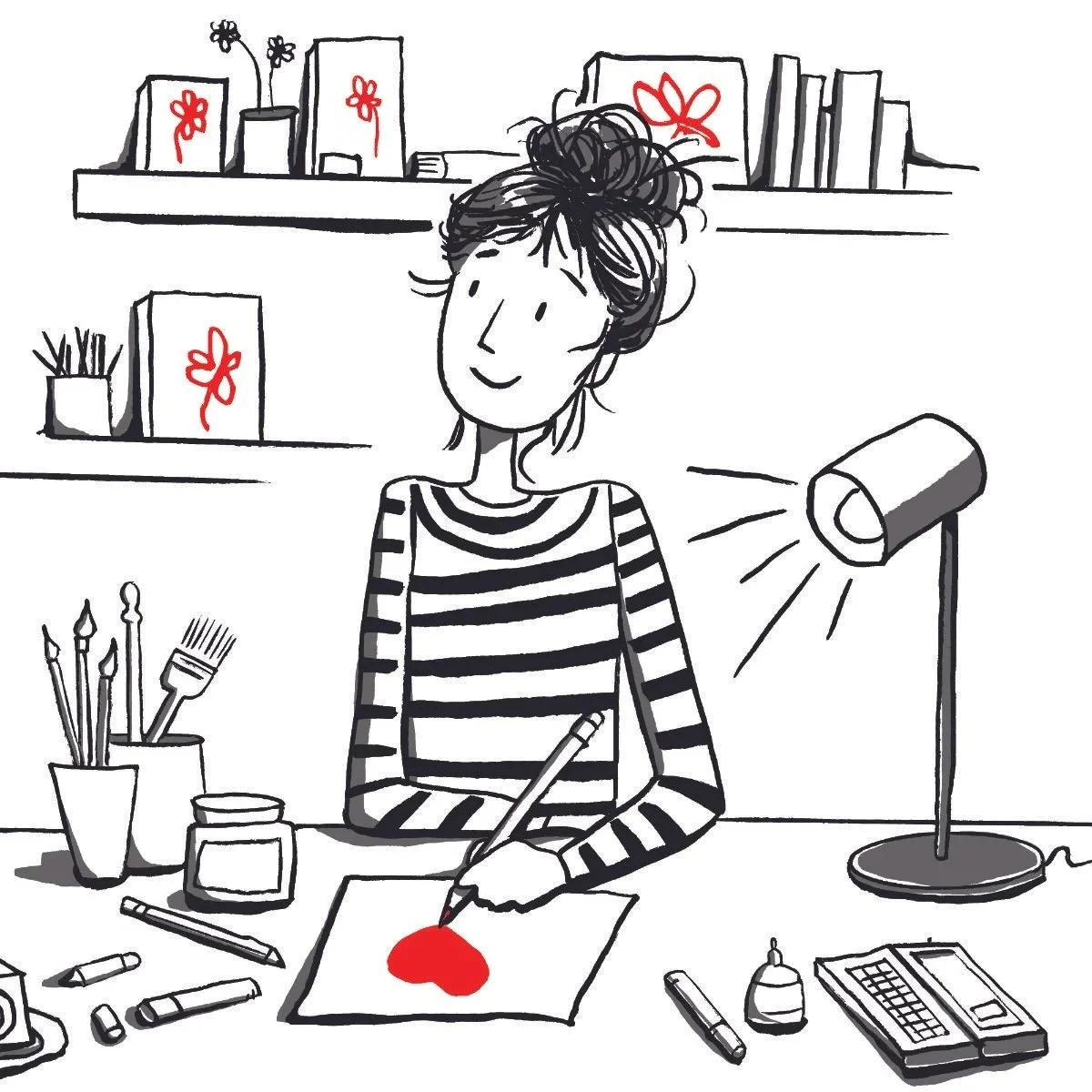 Illustration by Aly Indermühle of a girl sitting at a desk drawing a red heart, surrounded by art supplies and shelves, in her signature black, white, and red ink style.