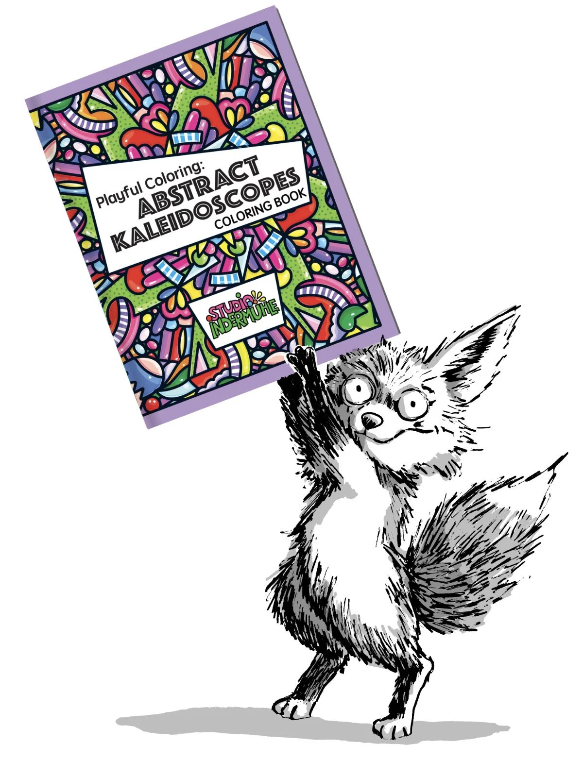 Black and white drawing of a happy fox with a colorful adult coloring book titled 'Playful Coloring: Abstract Kaleidoscopes Coloring Book by Studio Indermuhle'