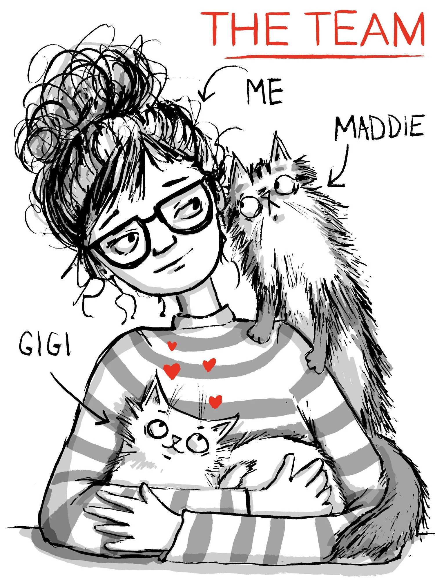 Illustration by Aly Indermühle of herself with her two cats Maddie and Gigi, labelled The Team, in her signature black, white, and red ink style.