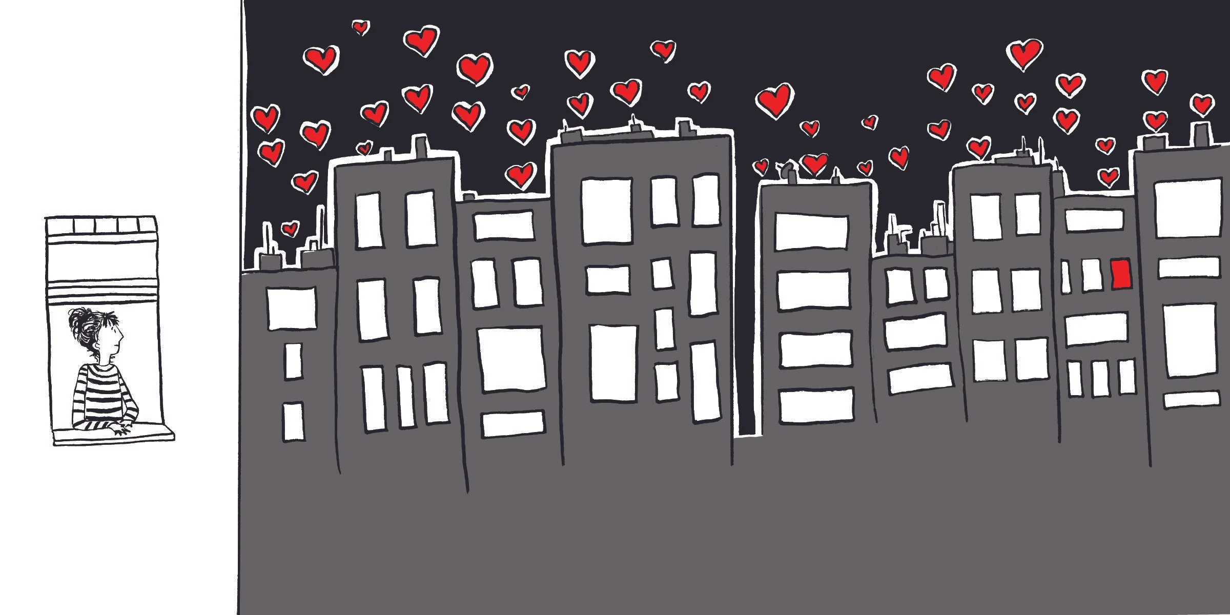 Illustration by Aly Indermühle of a girl sitting in a window looking out at red hearts floating above a grey city skyline with one red lit window, from I See You: A Book for Artists.