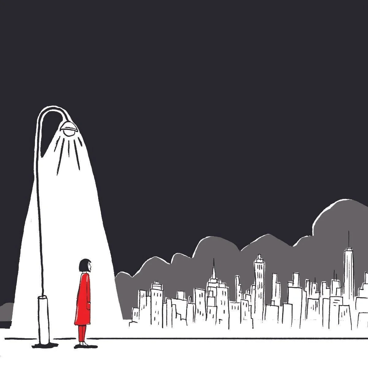 Illustration by Aly Indermühle of a woman in a red coat standing alone under a street lamp with a grey city skyline behind her, from I See You: A Book for Artists.
