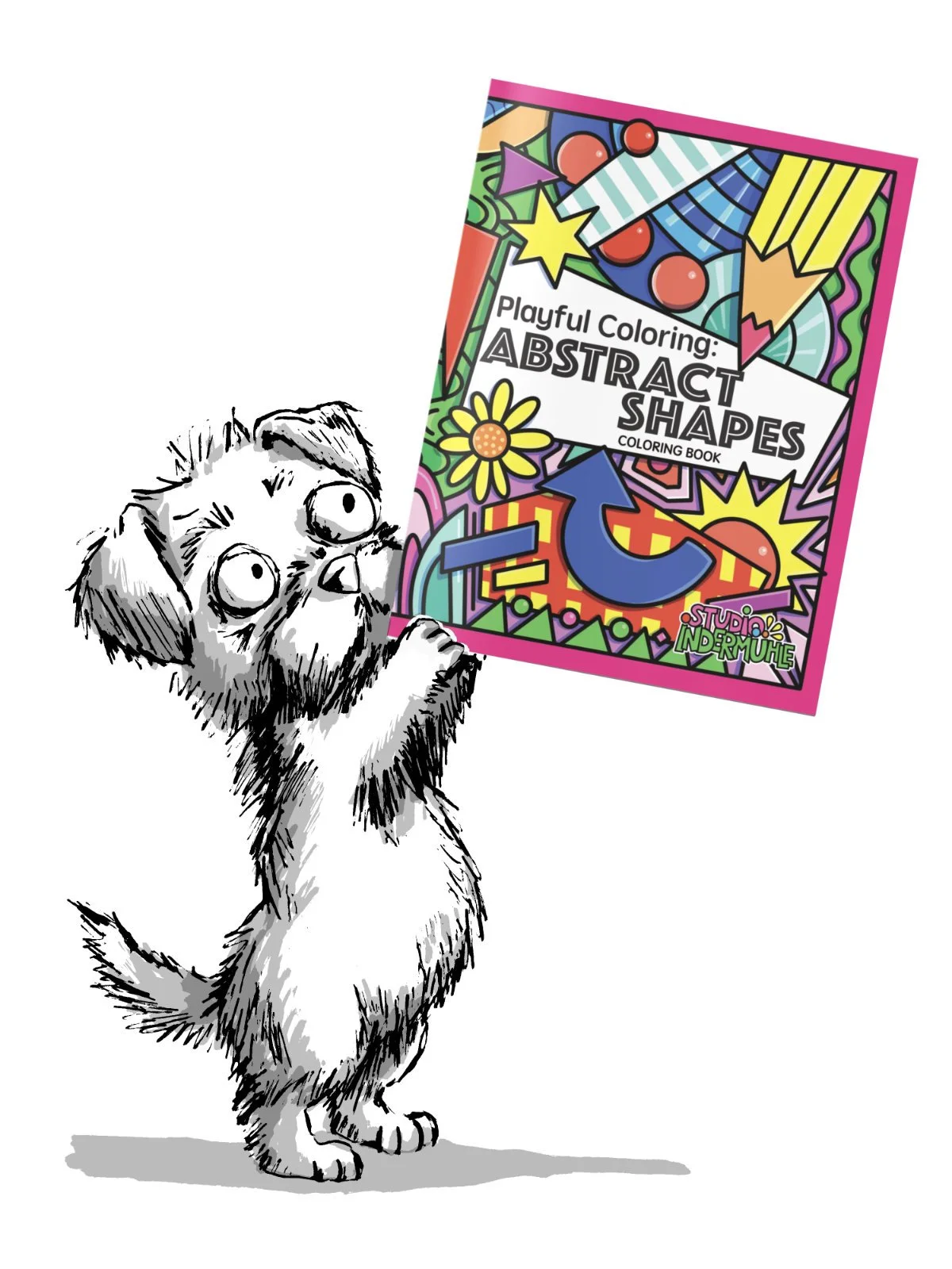 A black and white cartoon puppy holding a colorful abstract shapes coloring book titled 'Playful Coloring: Abstract Shapes' with a pink border, filled with vibrant shapes and patterns, by Studio Indermuhle.