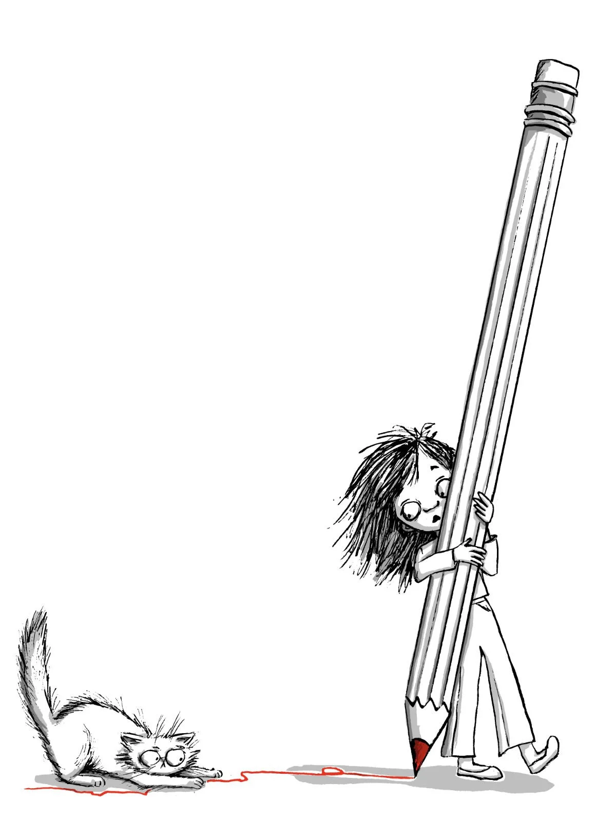 Illustration by Aly Indermühle of a small girl carrying an oversized pencil that draws a red line along the ground, with a cat chasing the line as if it were string.