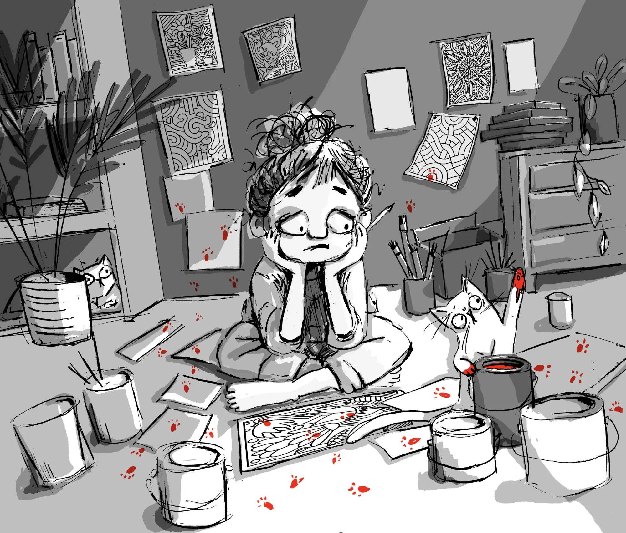 Illustration by Aly Indermühle of an artist sitting cross legged on a studio floor surrounded by paint cans, brushes, and artwork, with two cats, one with a red painted paw, in her signature black, white, and red ink style.