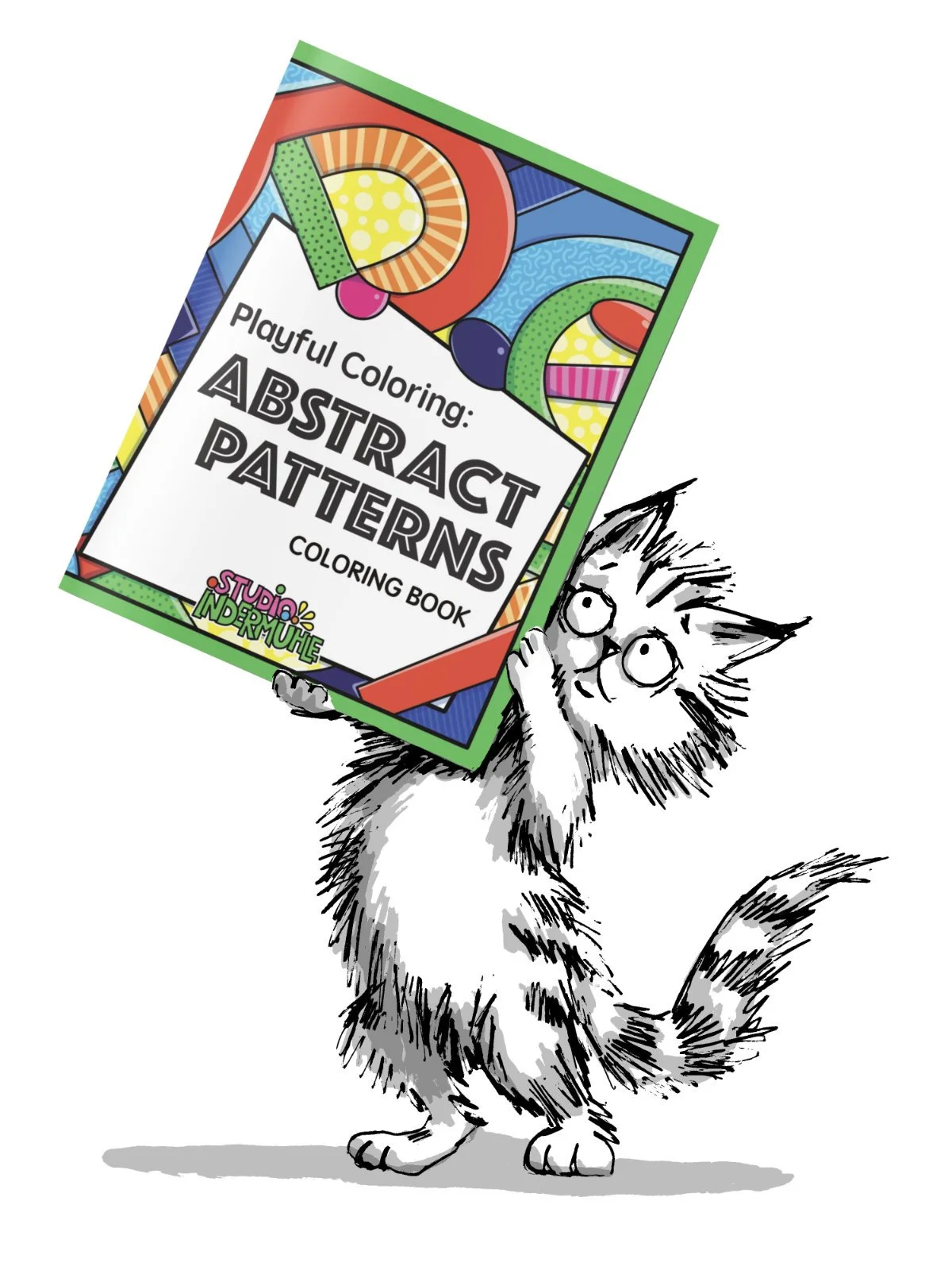 A black and white drawing of a fluffy cat holding a colorful coloring book titled 'Playful Coloring: Abstract Patterns', by Studio Indermuhle. The cat looks up with wide eyes and a curious expression.